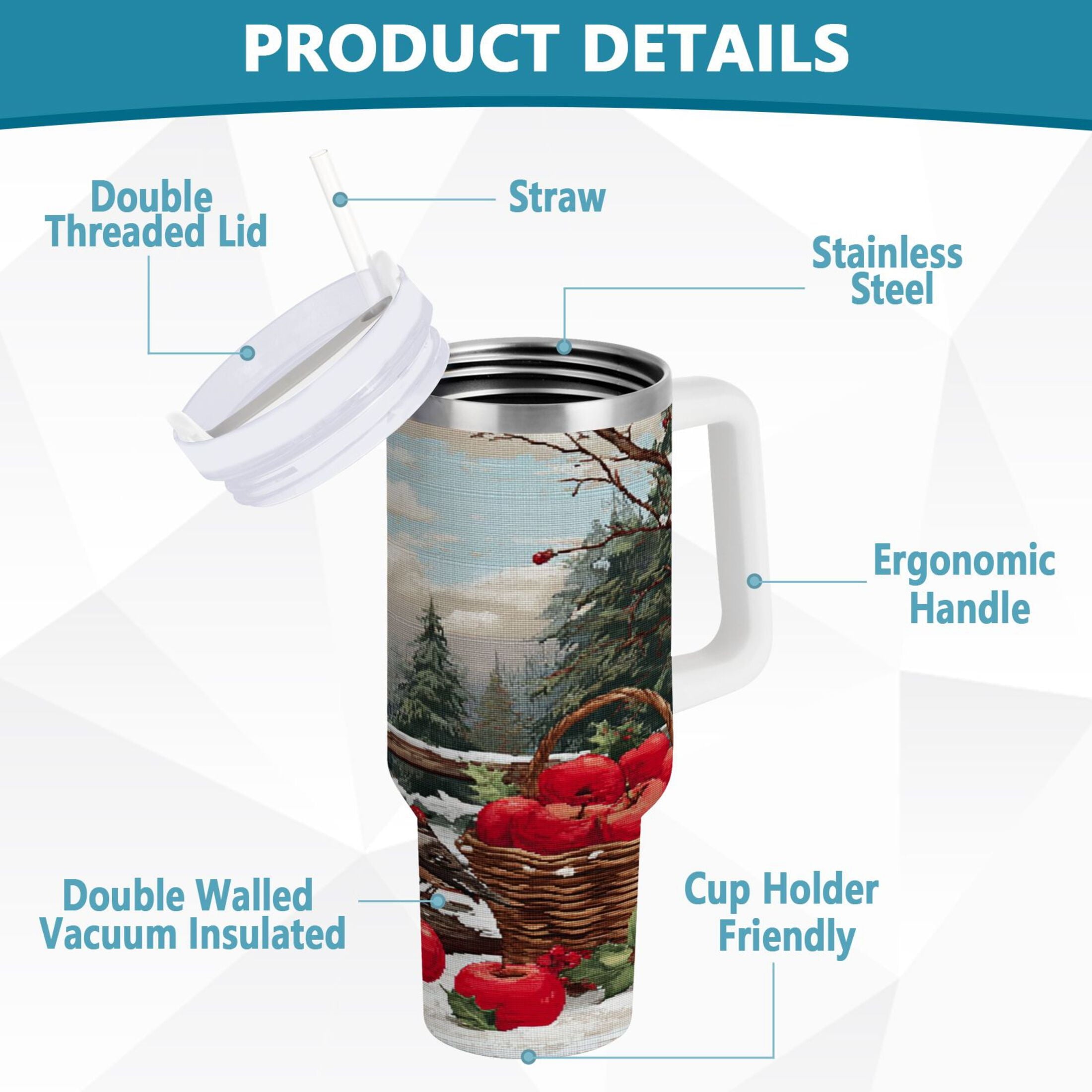 30 oz Insulated Stainless Steel Tumbler Double Wall Stainless Steel Tumbler with 2-Way Drinking Apples and Baskets - Pick 640