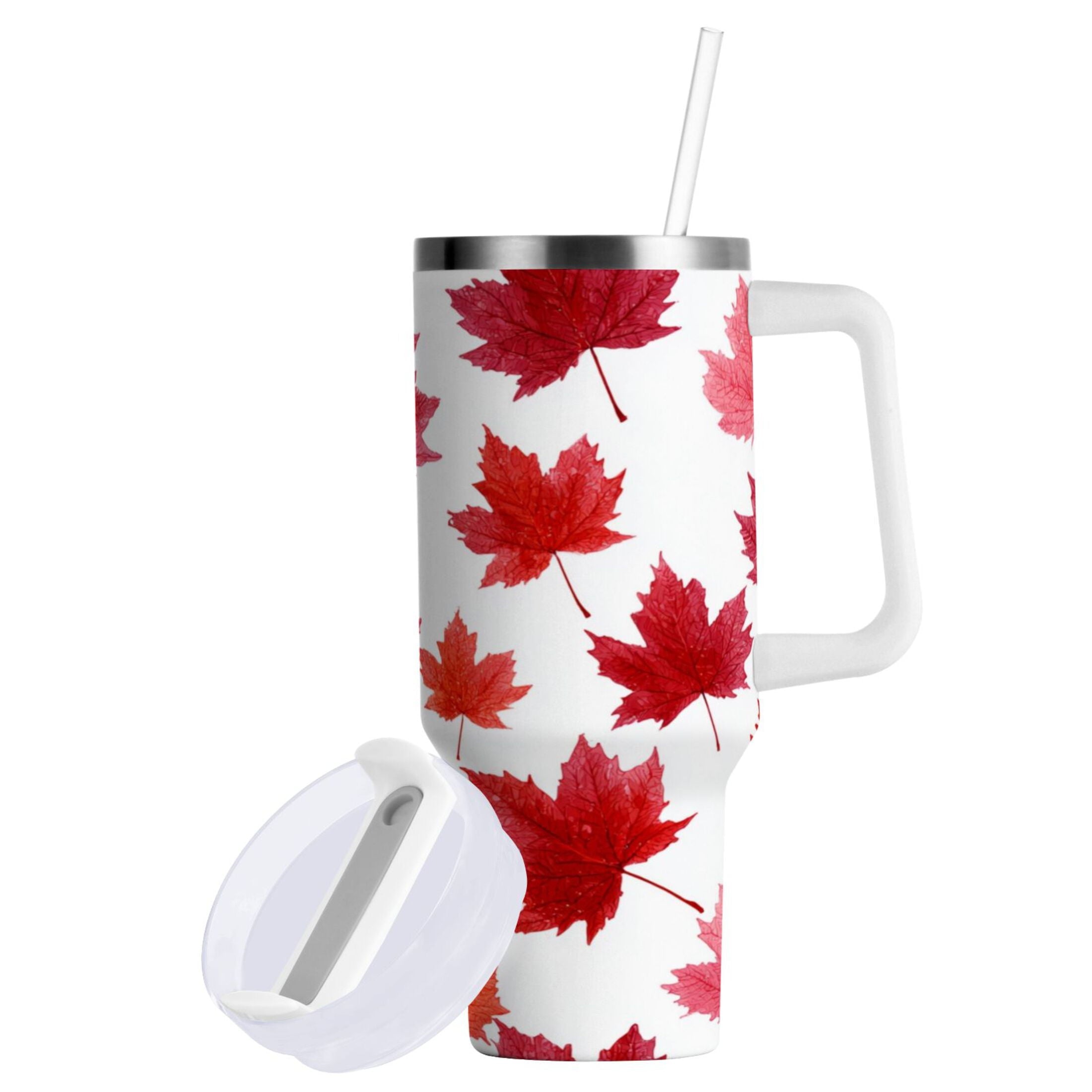 30 oz Insulated Stainless Steel Tumbler Double Wall Stainless Steel Tumbler with 2-Way Drinking Vibrant Red Maple Leaves - Pick 974