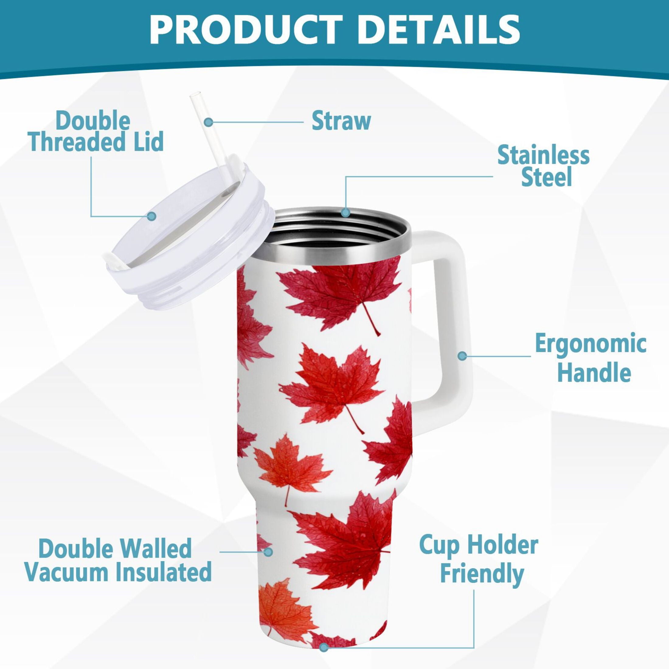 30 oz Insulated Stainless Steel Tumbler Double Wall Stainless Steel Tumbler with 2-Way Drinking Vibrant Red Maple Leaves - Pick 974