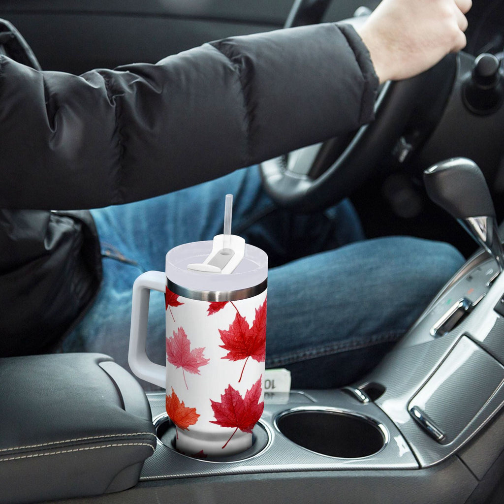 30 oz Insulated Stainless Steel Tumbler Double Wall Stainless Steel Tumbler with 2-Way Drinking Vibrant Red Maple Leaves - Pick 974