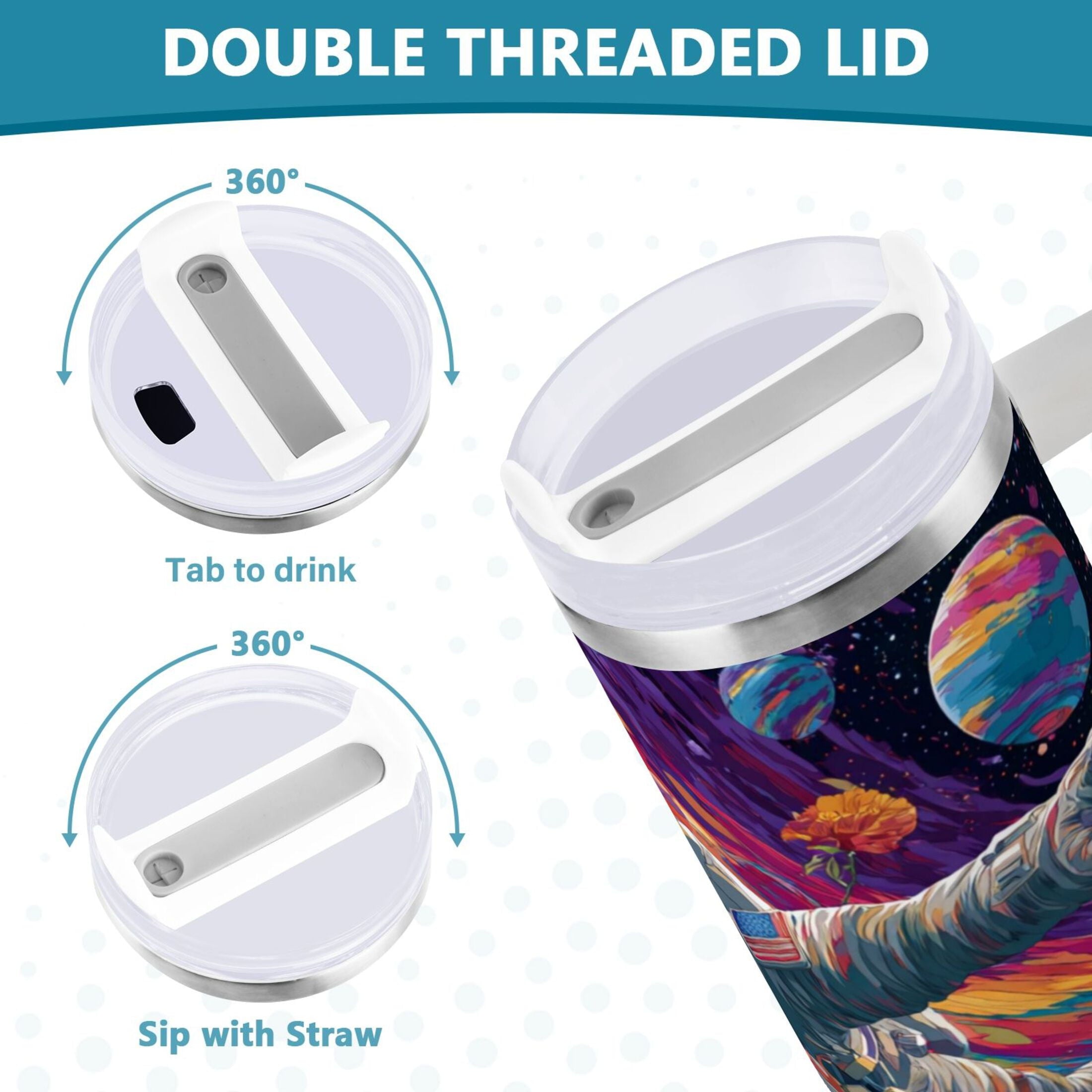 40 oz Insulated Stainless Steel Tumbler Double Wall Stainless Steel Tumbler with 2-Way Drinking Colorful Flowers and Planets - Pick 514