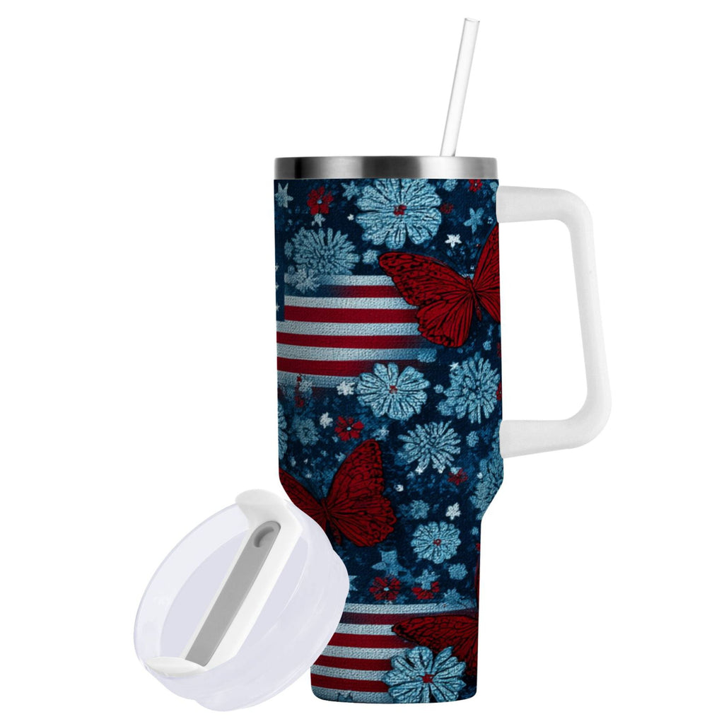 30 oz Insulated Stainless Steel Tumbler Double Wall Stainless Steel Tumbler with 2-Way Drinking Red Butterflies and Flags - Pick 334