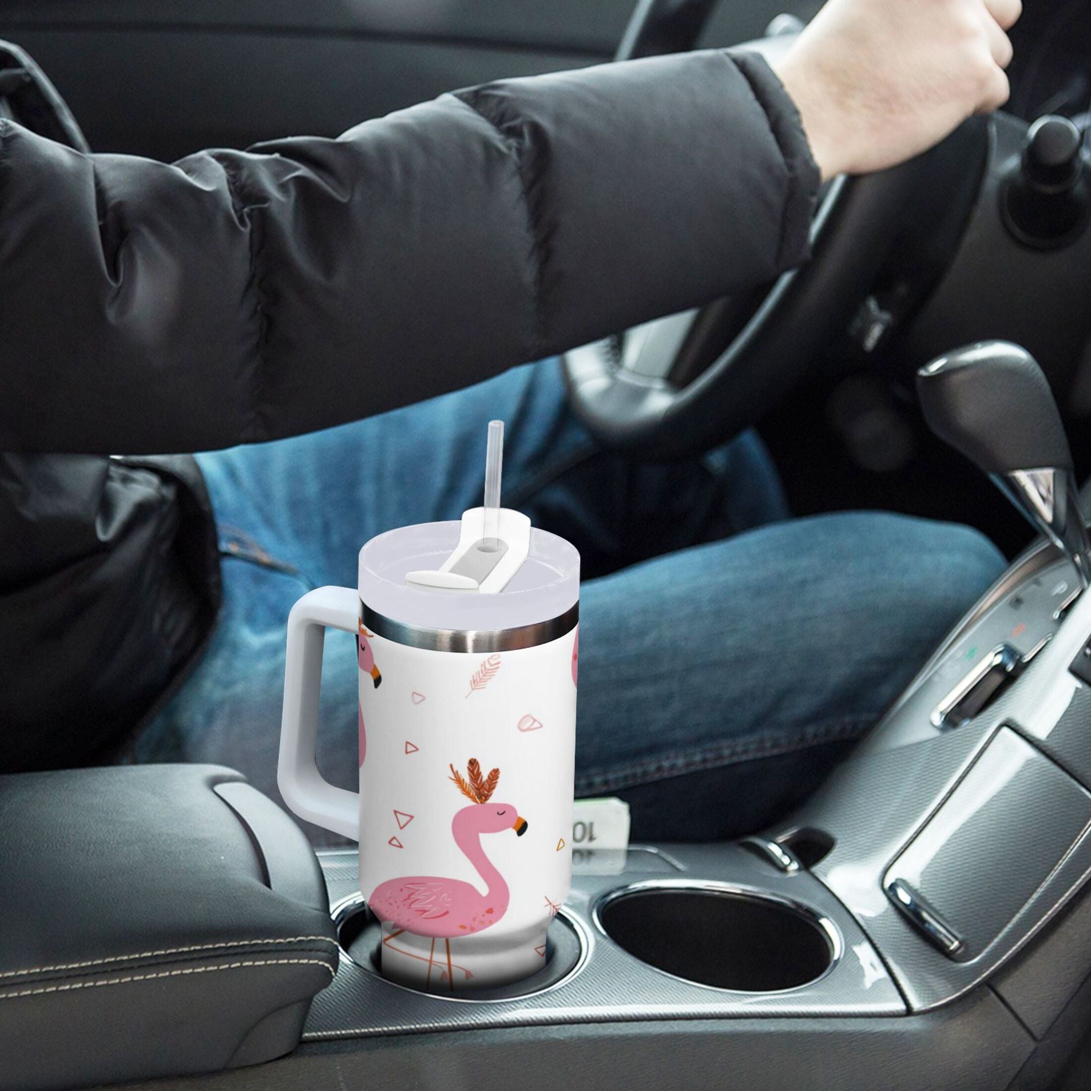 40 oz Insulated Stainless Steel Tumbler Double Wall Stainless Steel Tumbler with 2-Way Drinking Cute Pink Flamingo Pattern - Pick 762