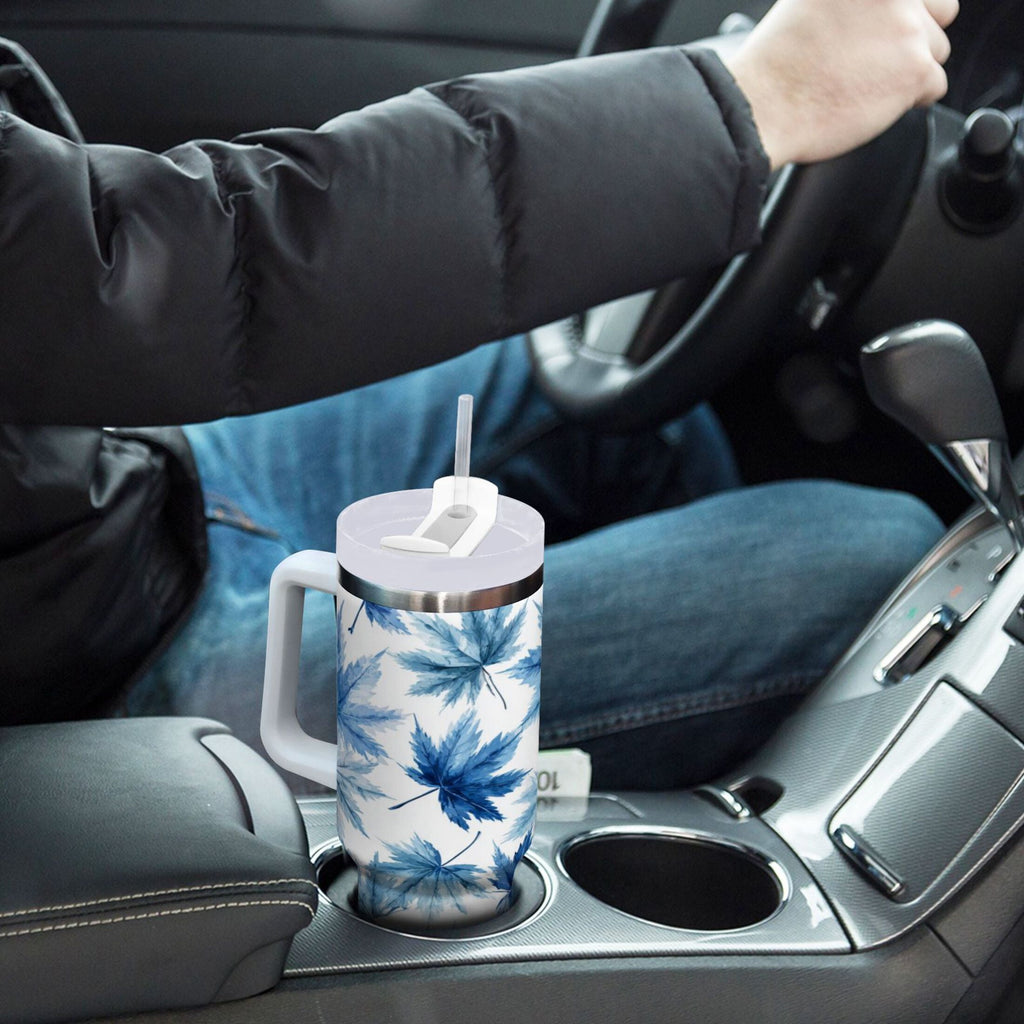 30 oz Insulated Stainless Steel Tumbler Double Wall Stainless Steel Tumbler with 2-Way Drinking Abstract Blue Maple Leaves - Pick 826