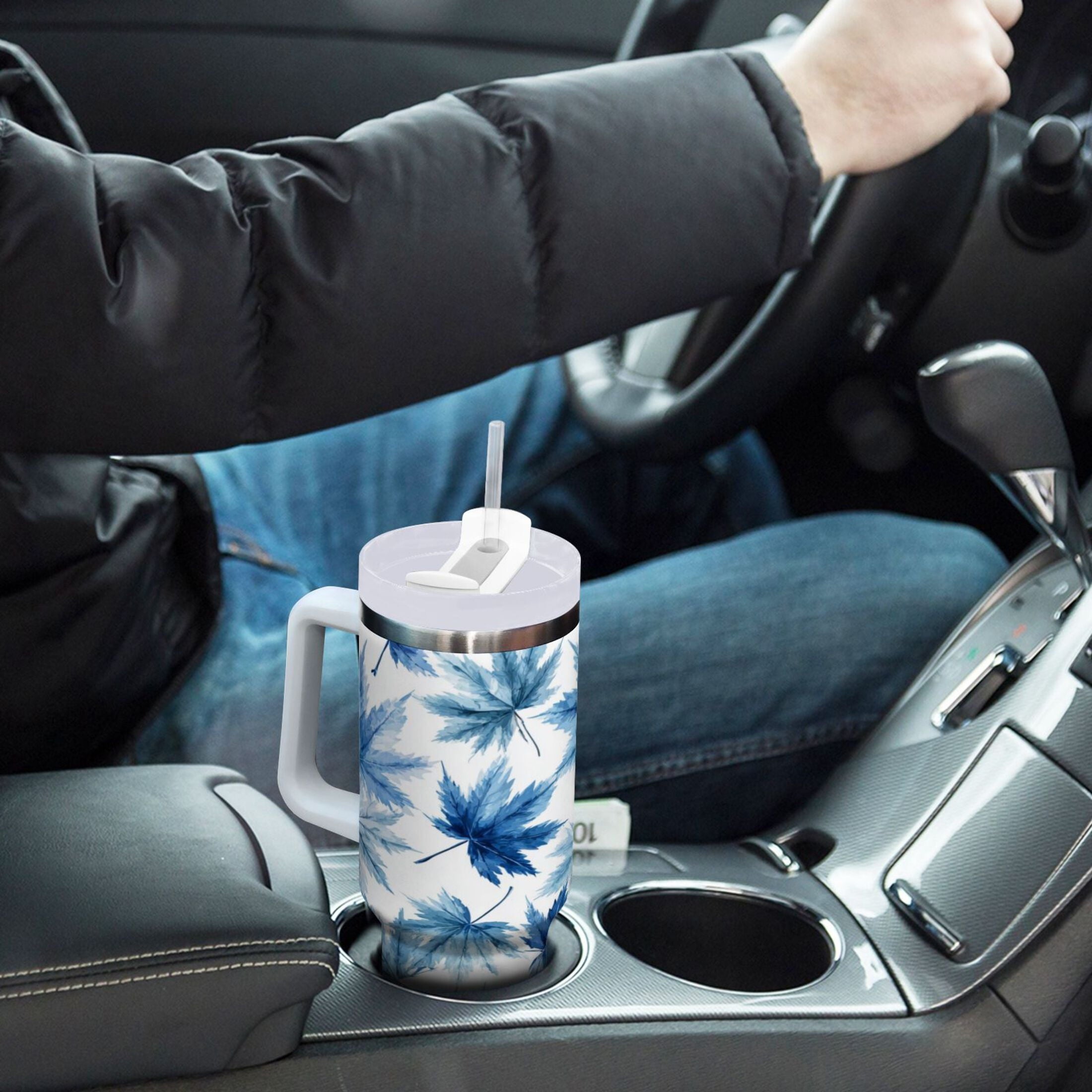 30 oz Insulated Stainless Steel Tumbler Double Wall Stainless Steel Tumbler with 2-Way Drinking Abstract Blue Maple Leaves - Pick 826