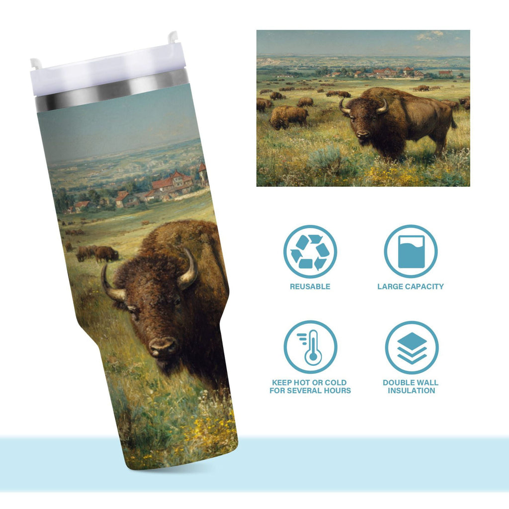 30 oz Insulated Stainless Steel Tumbler Double Wall Stainless Steel Tumbler with 2-Way Drinking Buffalo Herd Oil Painting - Pick 629