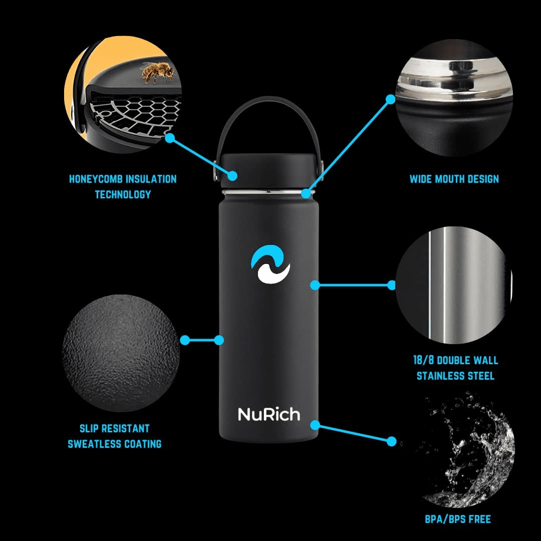 NuRich Sports Water Bottle - 18 Oz, Vacuum Insulated Stainless Steel, Modern Double Walled, Simple Thermo Modern Mug, Hydro Metal Canteen Flask Wide Mouth with Sweat Proof Design for Cold &amp; Hot Temp - Pick 572