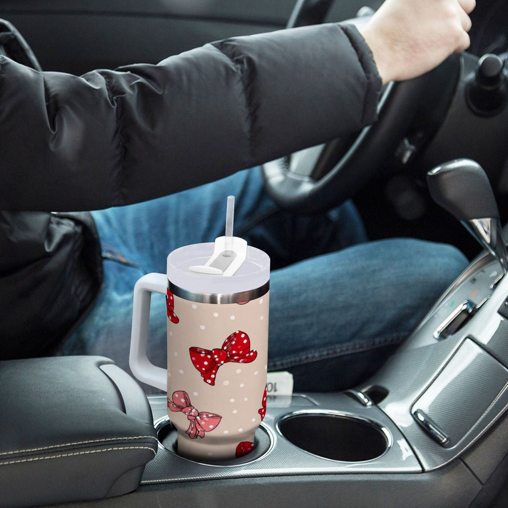30 oz Insulated Stainless Steel Tumbler Double Wall Stainless Steel Tumbler with 2-Way Drinking Cute Red Bows Pattern - Pick 205
