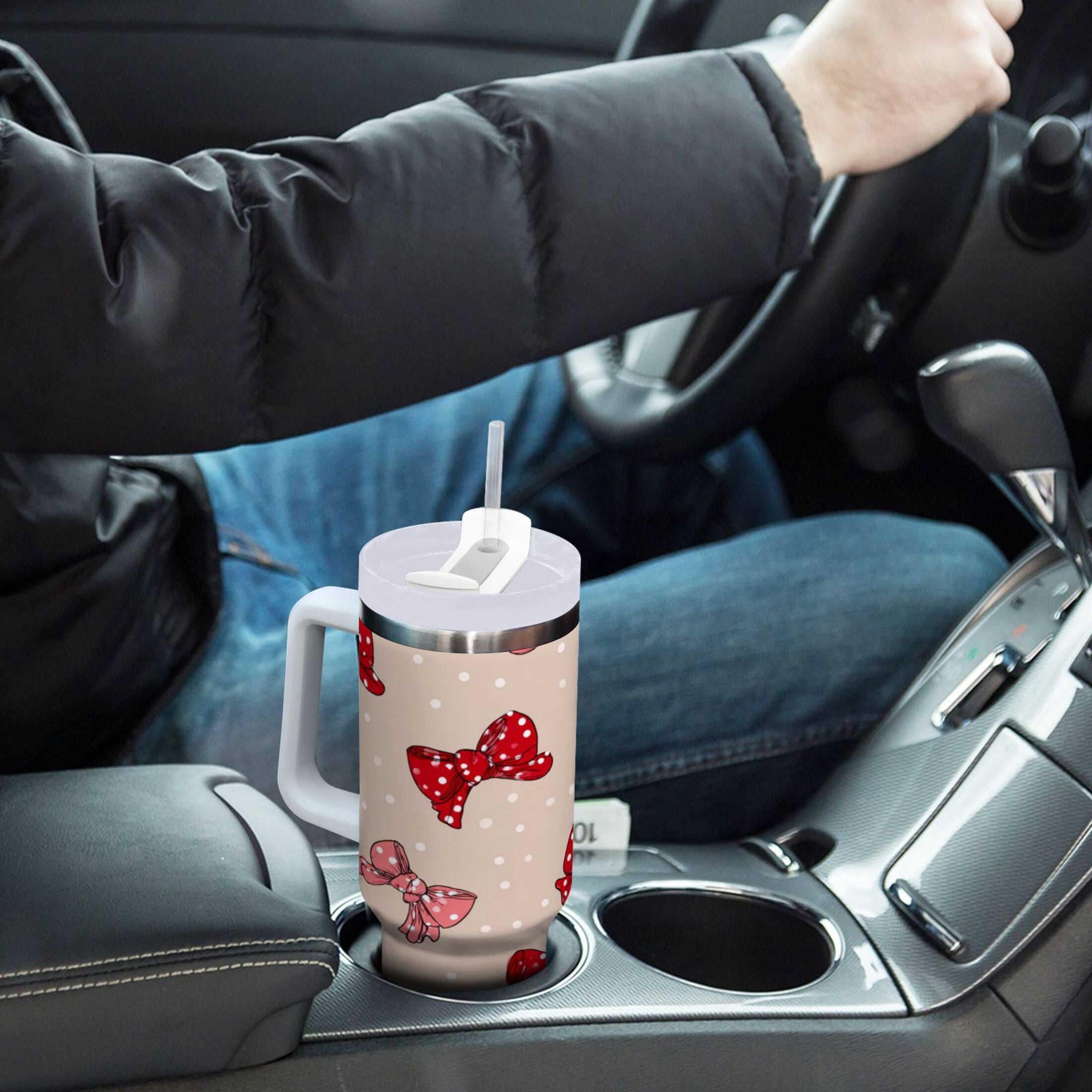 30 oz Insulated Stainless Steel Tumbler Double Wall Stainless Steel Tumbler with 2-Way Drinking Cute Red Bows Pattern - Pick 205