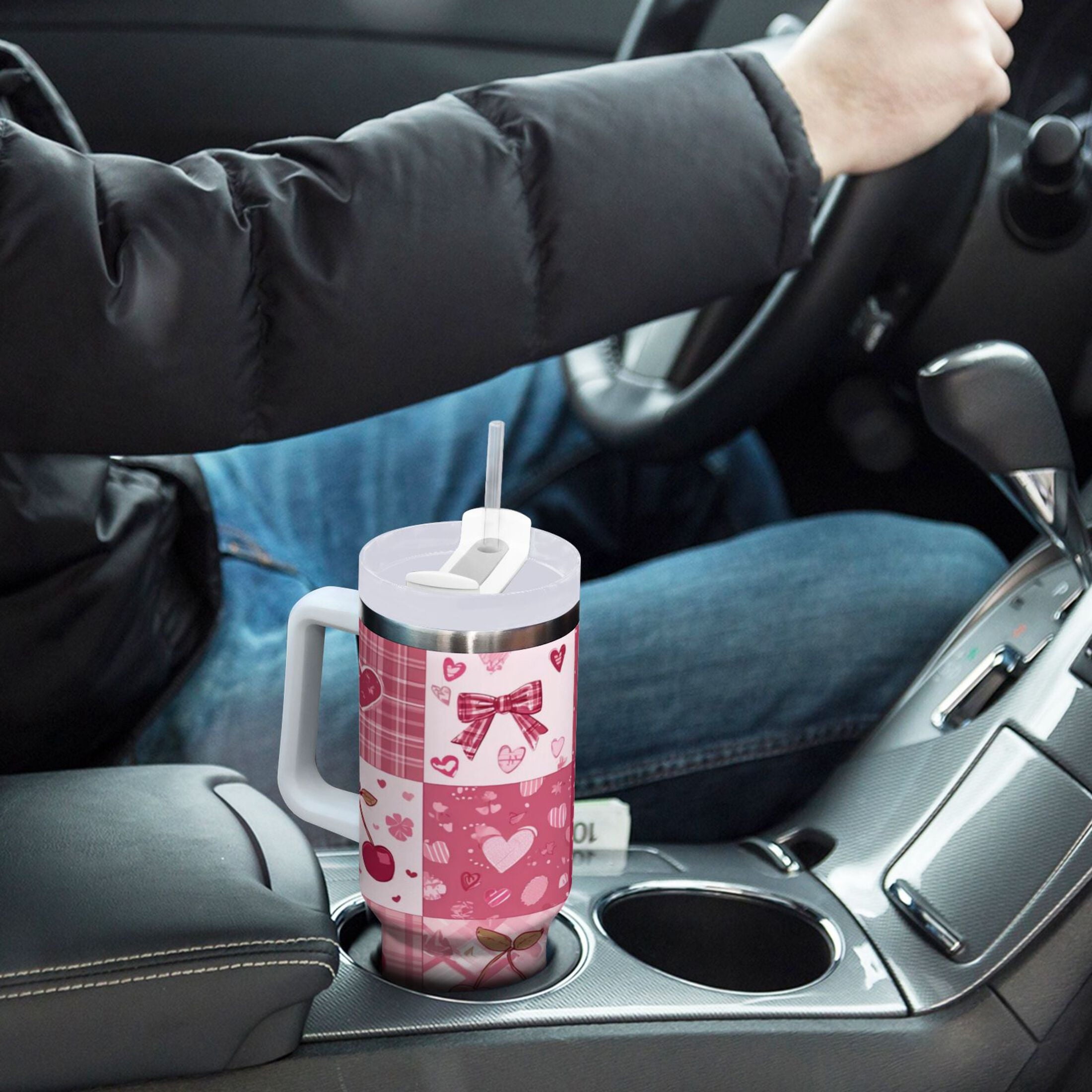 30 oz Insulated Stainless Steel Tumbler Double Wall Stainless Steel Tumbler with 2-Way Drinking Cherry Pattern with Bows - Pick 766