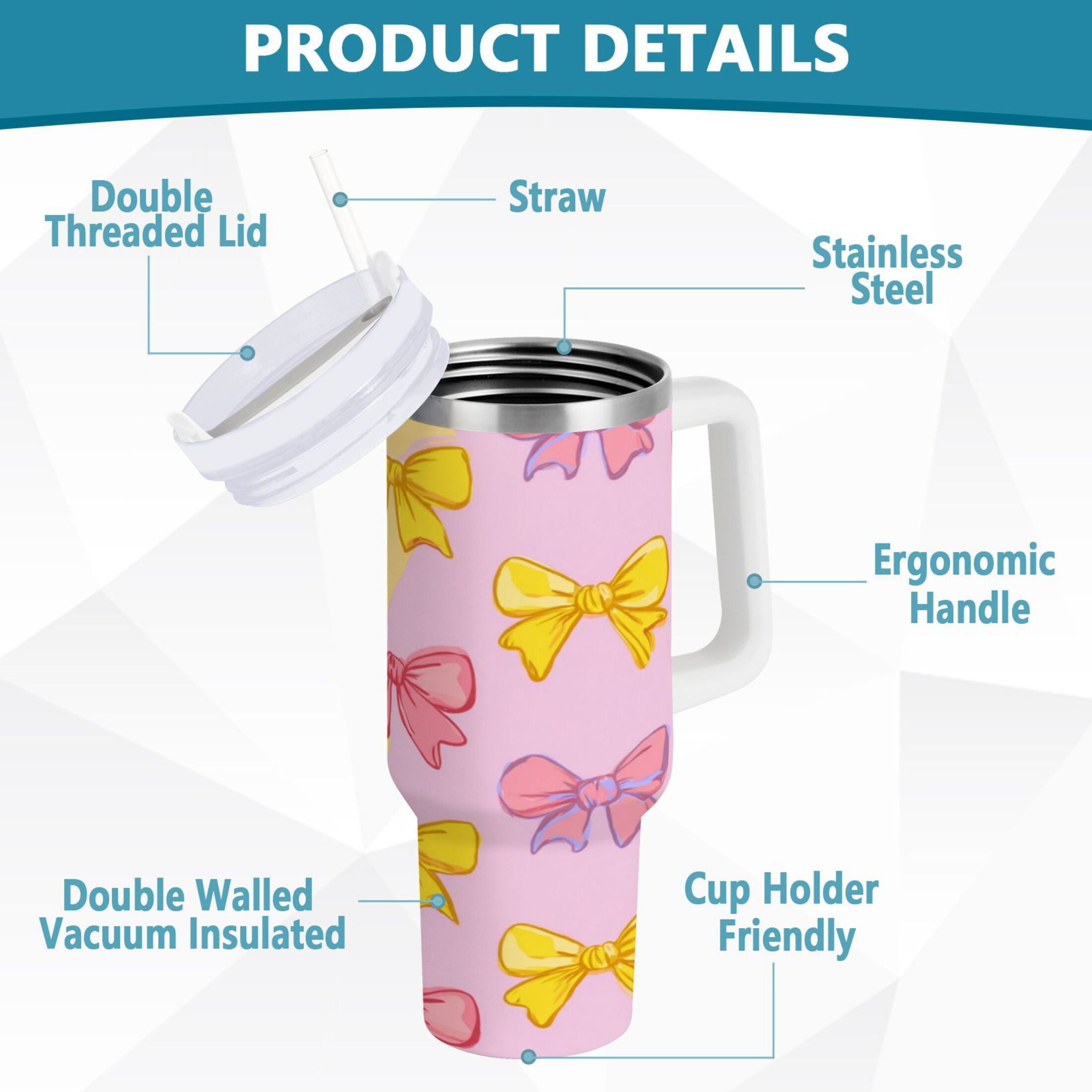 30 oz Insulated Stainless Steel Tumbler Double Wall Stainless Steel Tumbler with 2-Way Drinking Yellow and Pink Bows - Pick 749