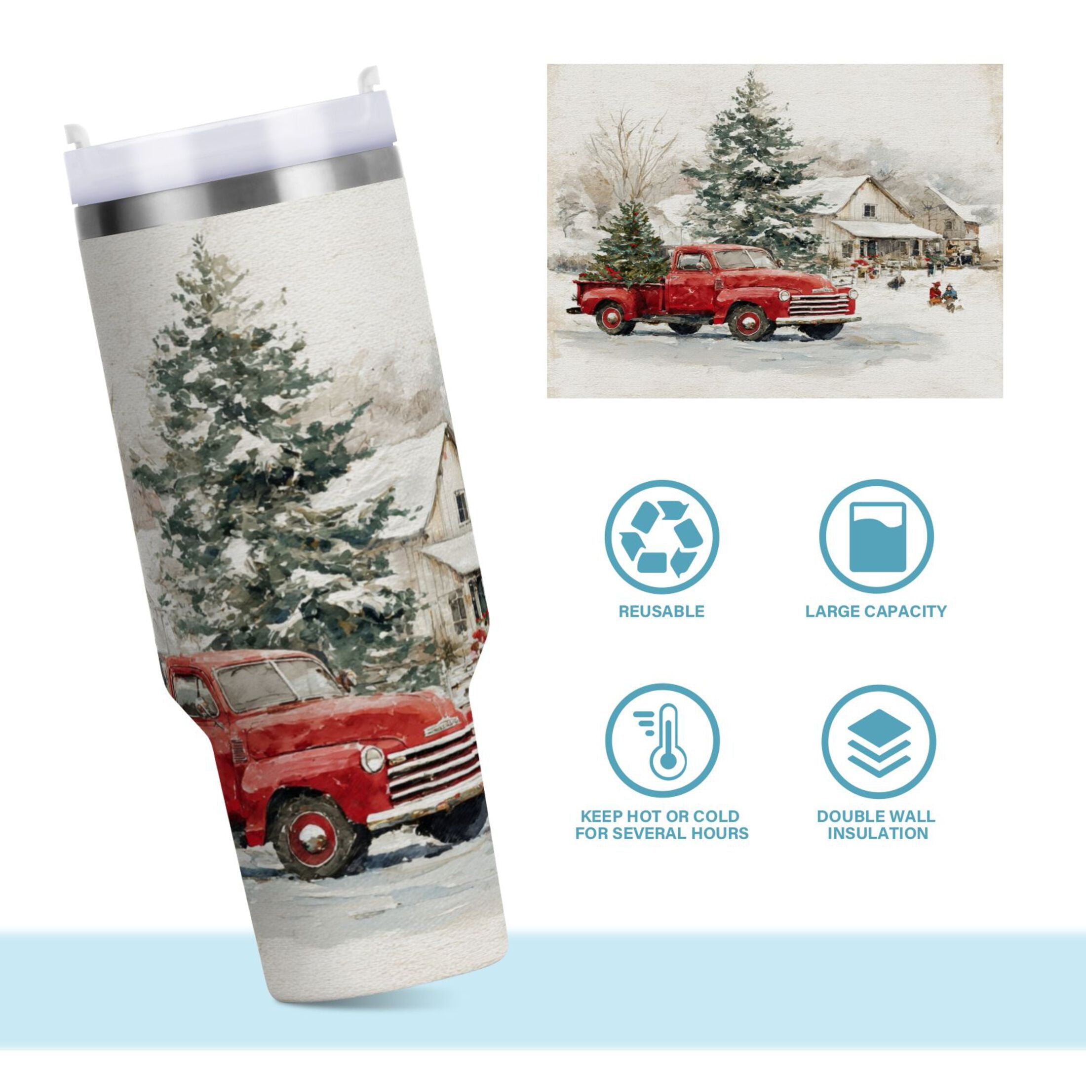 30 oz Insulated Stainless Steel Tumbler Double Wall Stainless Steel Tumbler with 2-Way Drinking Truck with Christmas Decorations - Pick 921