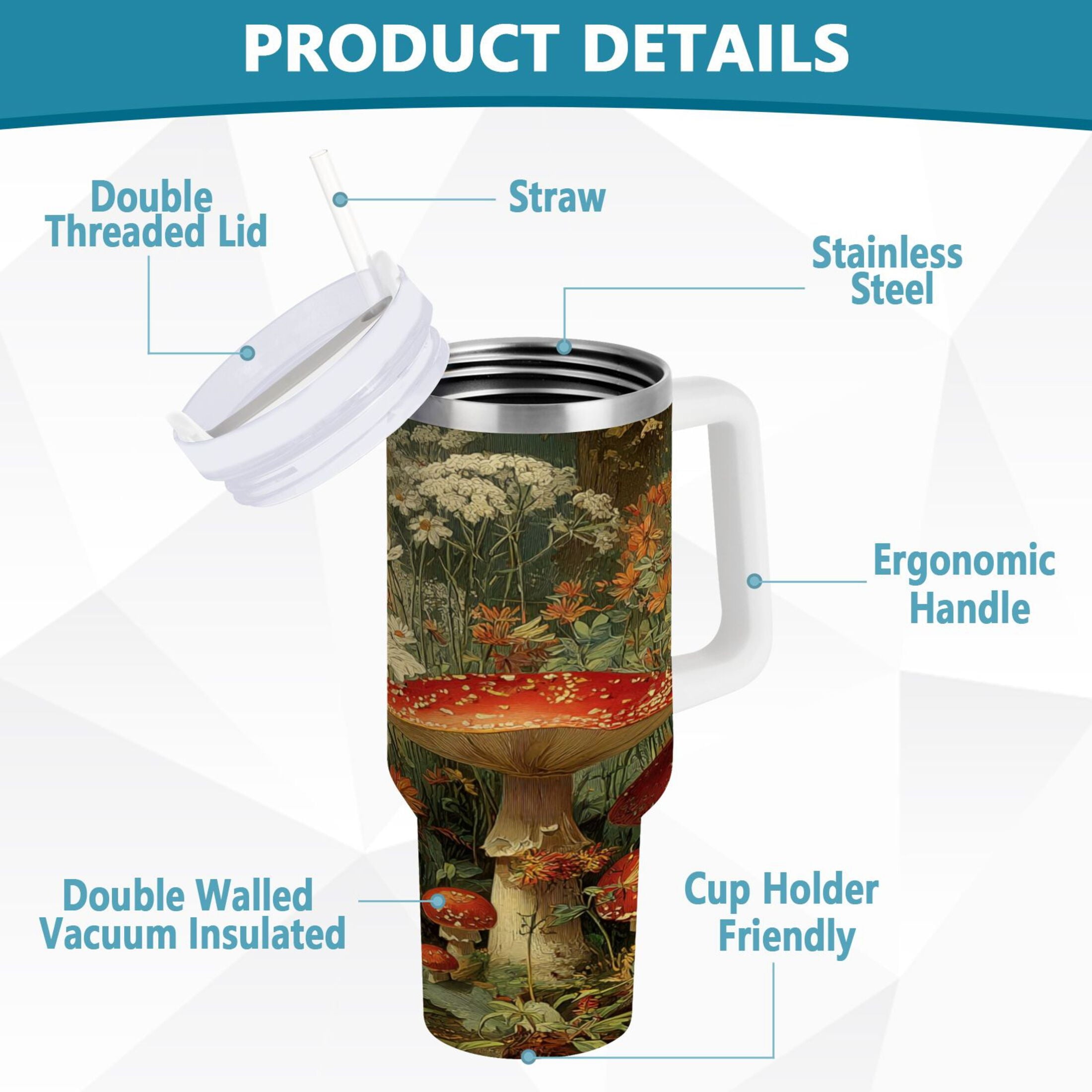 40 oz Insulated Stainless Steel Tumbler Double Wall Stainless Steel Tumbler with 2-Way Drinking Red Mushrooms - Pick 979