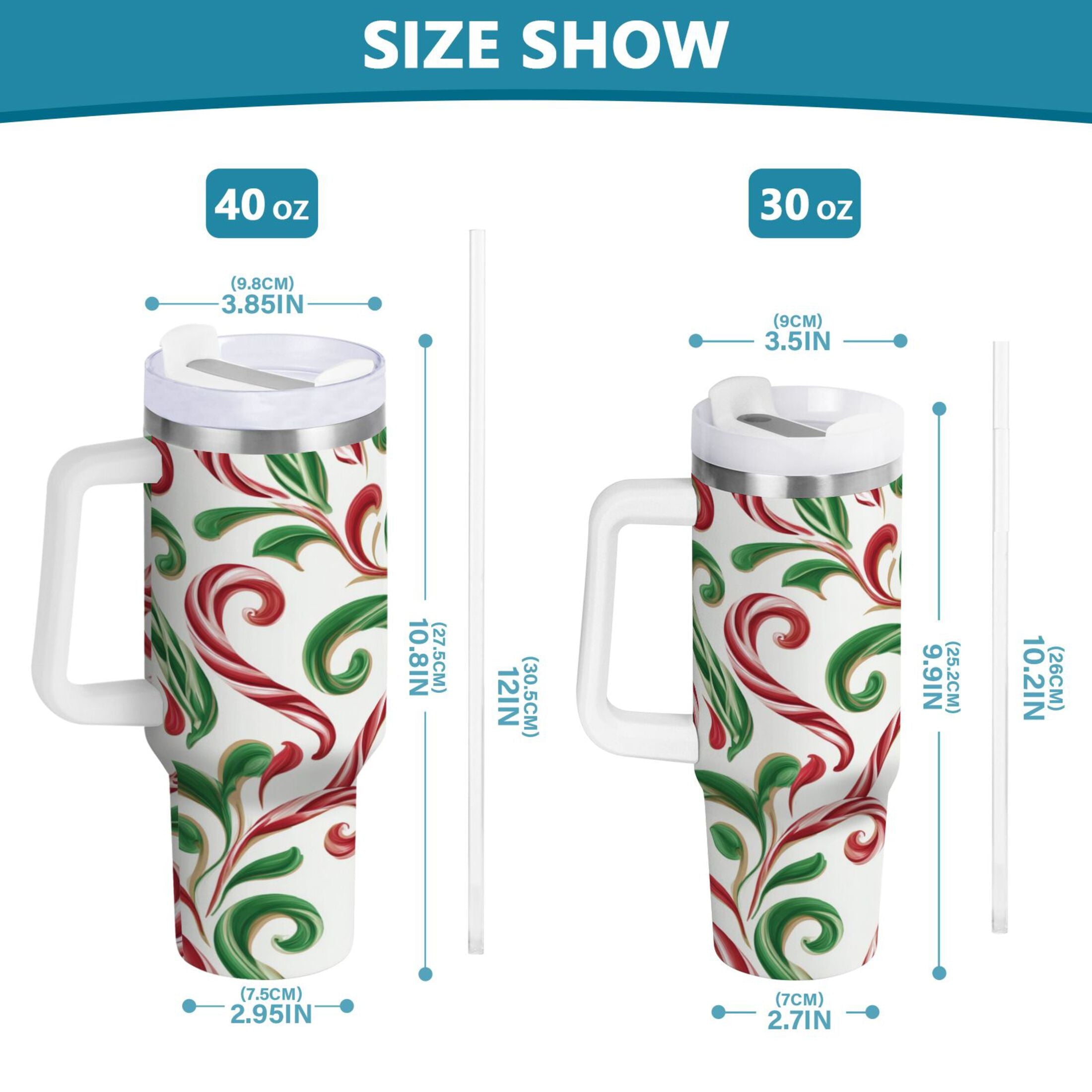 40 oz Insulated Stainless Steel Tumbler Double Wall Stainless Steel Tumbler with 2-Way Drinking Red and Green Candy-cane - Pick 289