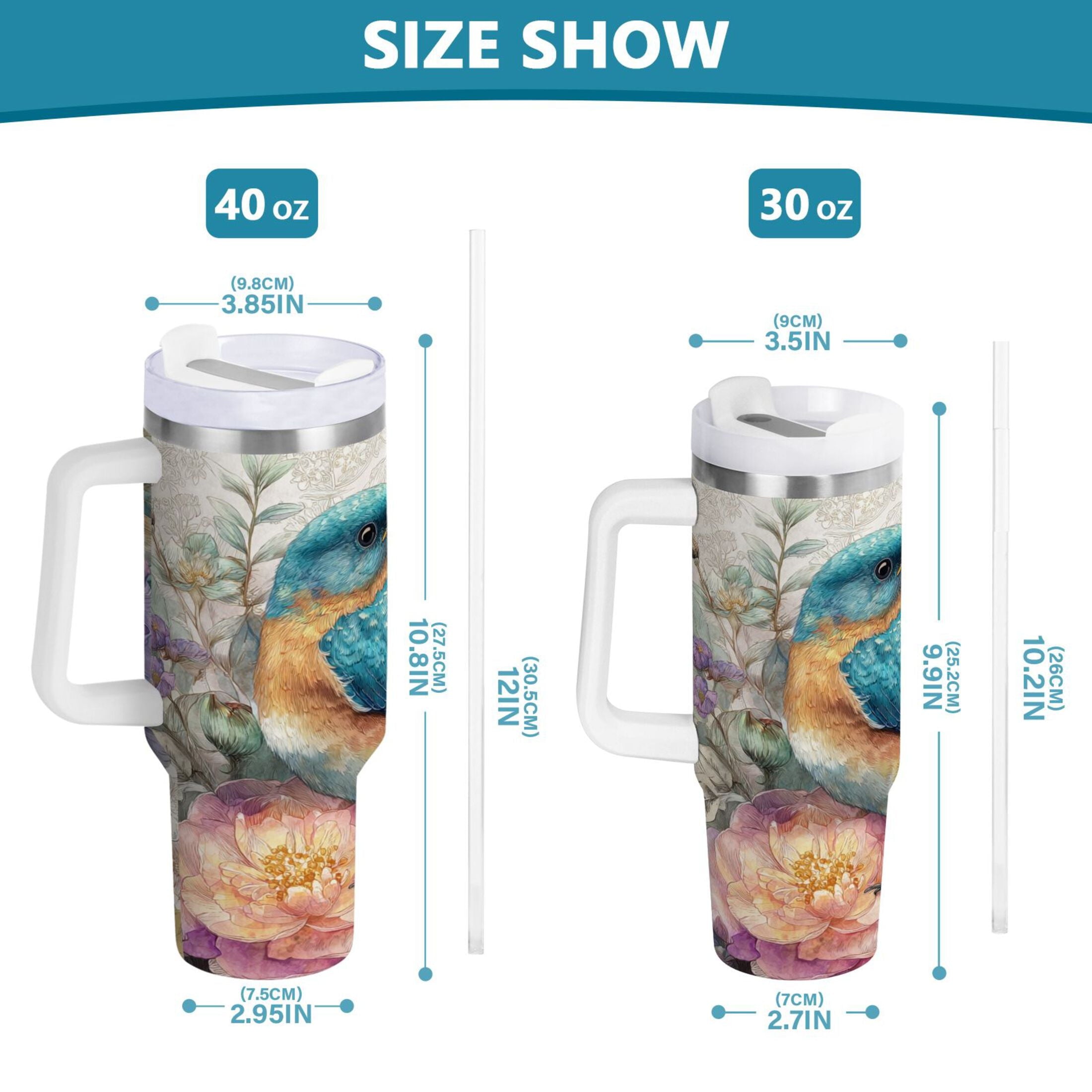 30 oz Insulated Stainless Steel Tumbler Double Wall Stainless Steel Tumbler with 2-Way Drinking Bluebird and Flower - Pick 579