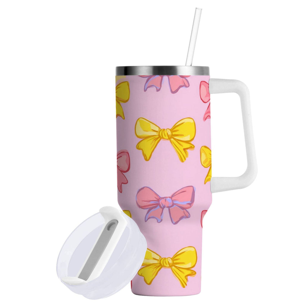 30 oz Insulated Stainless Steel Tumbler Double Wall Stainless Steel Tumbler with 2-Way Drinking Yellow and Pink Bows - Pick 749