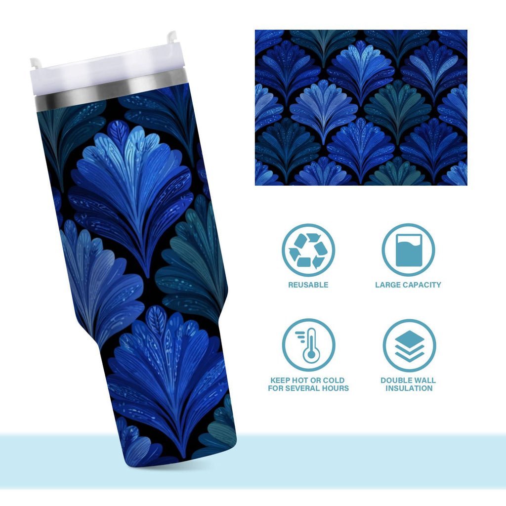 30 oz Insulated Stainless Steel Tumbler Double Wall Stainless Steel Tumbler with 2-Way Drinking Blue Batik Leaves Pattern - Pick 501