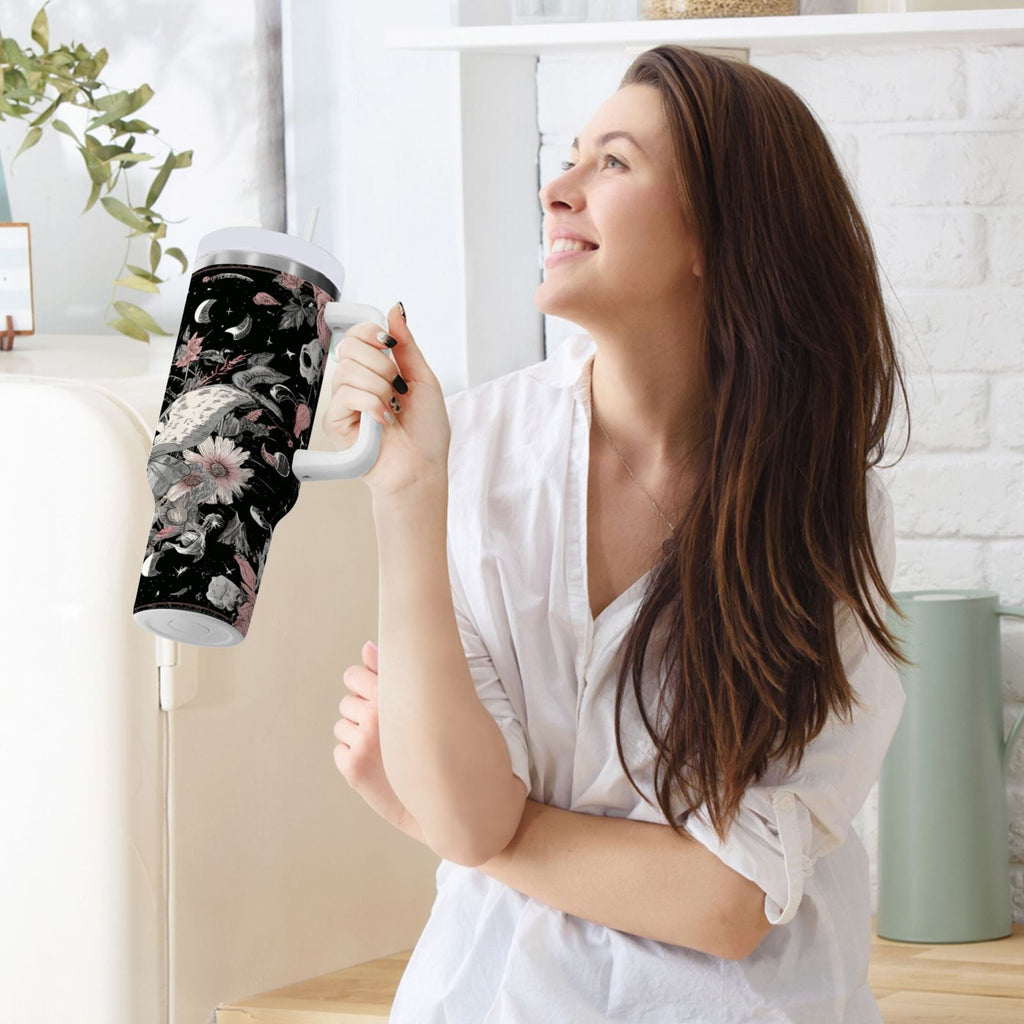 40 oz Insulated Stainless Steel Tumbler Double Wall Stainless Steel Tumbler with 2-Way Drinking Butterfly Surrounded by Flowers - Pick 577