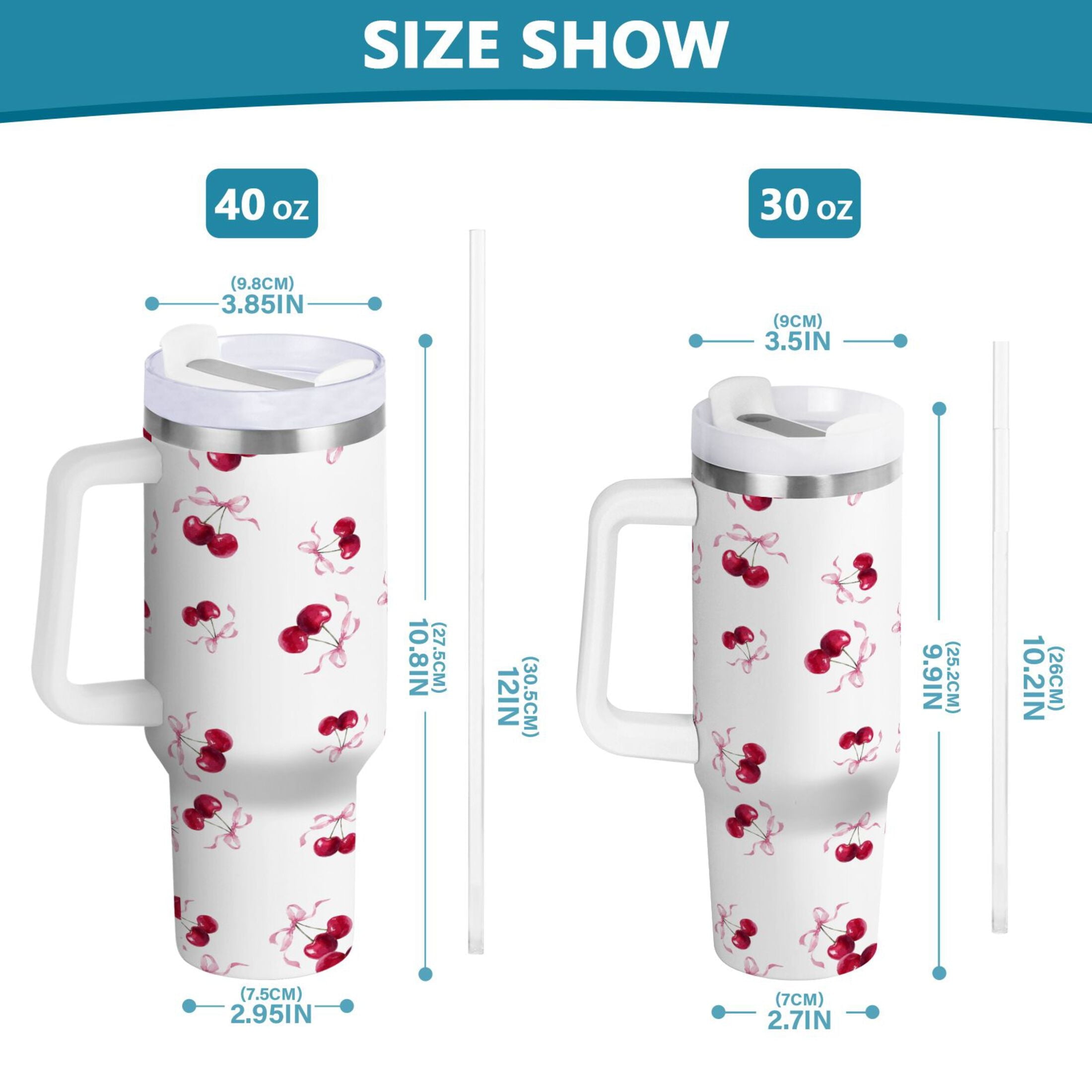 30 oz Insulated Stainless Steel Tumbler Double Wall Stainless Steel Tumbler with 2-Way Drinking Watercolor Cherries Pattern - Pick 266