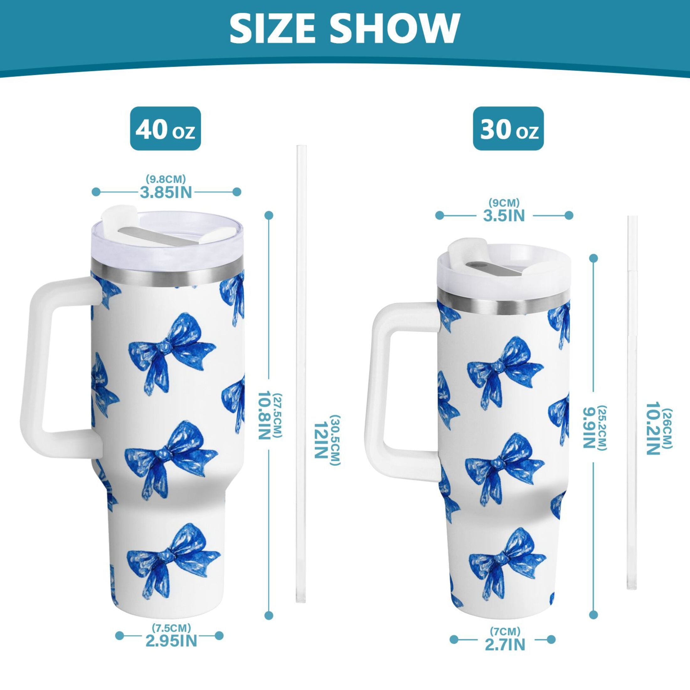 30 oz Insulated Stainless Steel Tumbler Double Wall Stainless Steel Tumbler with 2-Way Drinking Blue Bows Pattern - Pick 771