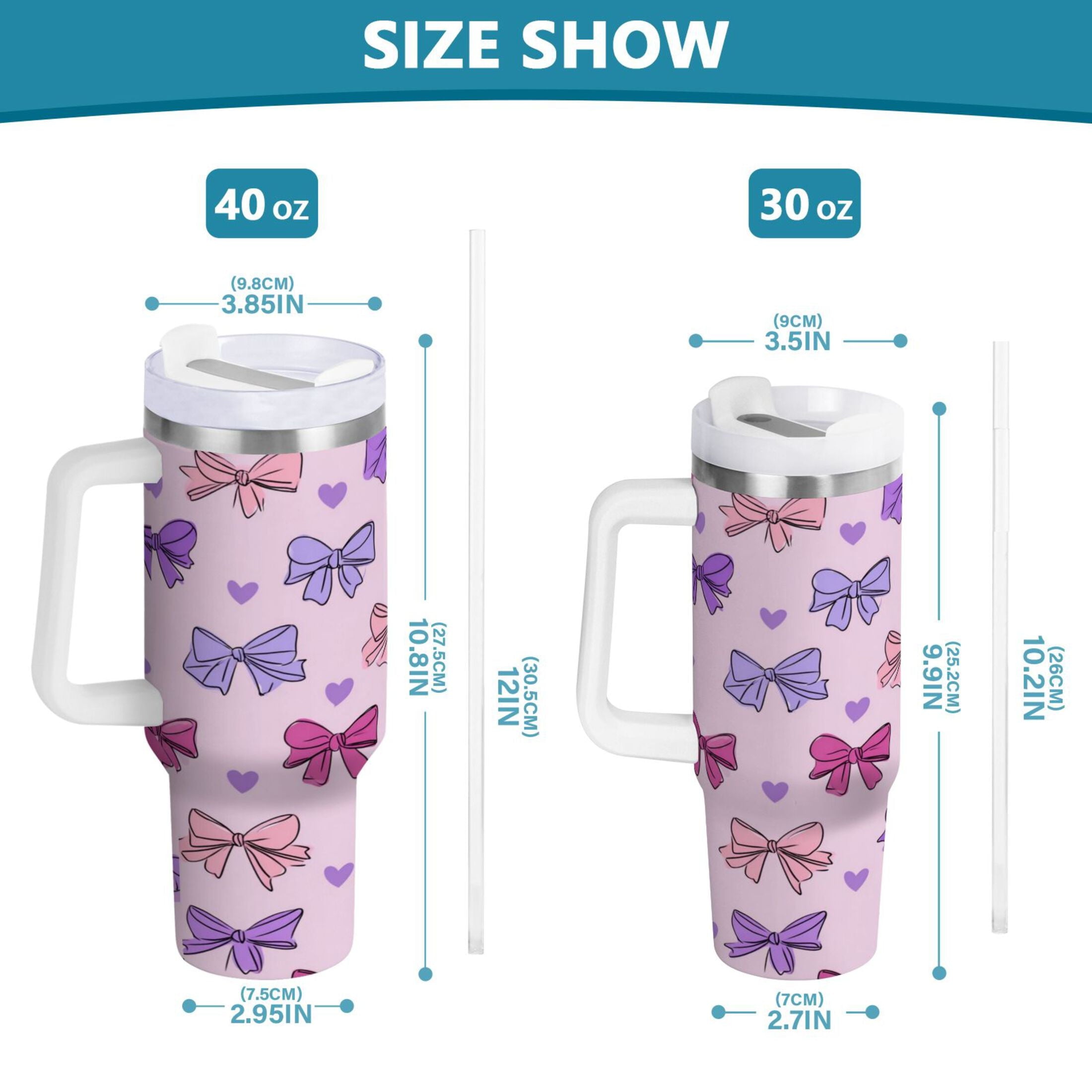 30 oz Insulated Stainless Steel Tumbler Double Wall Stainless Steel Tumbler with 2-Way Drinking Bows and Heart Pattern - Pick 582