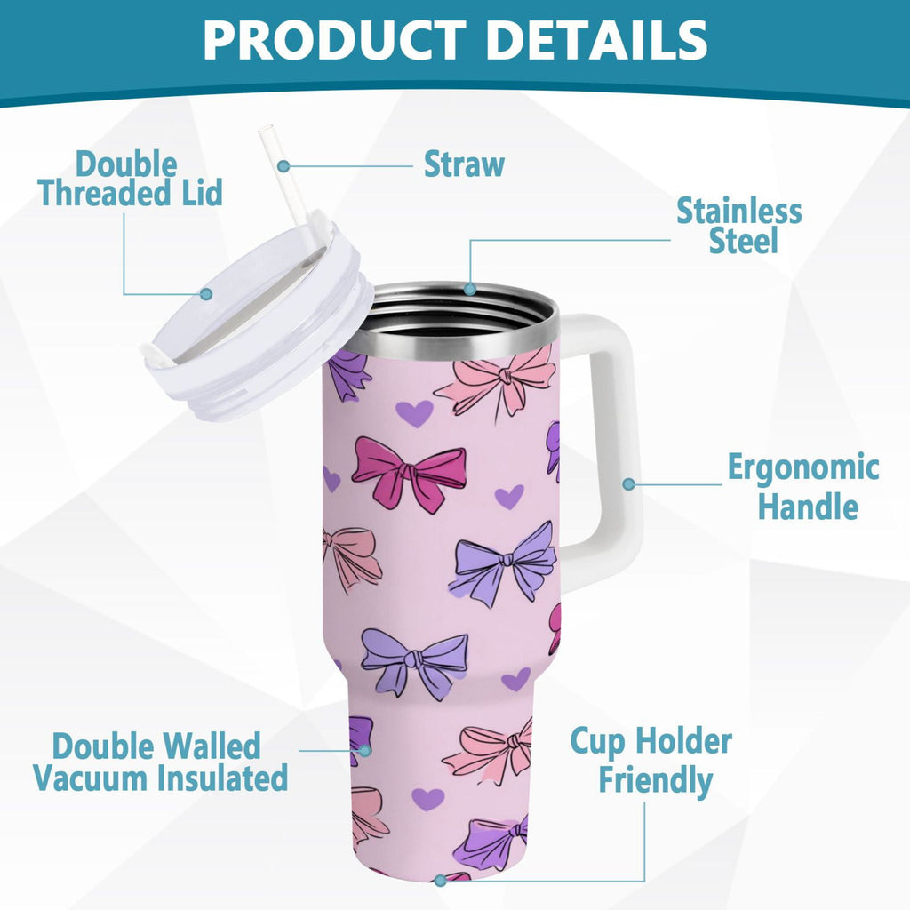 30 oz Insulated Stainless Steel Tumbler Double Wall Stainless Steel Tumbler with 2-Way Drinking Bows and Heart Pattern - Pick 582