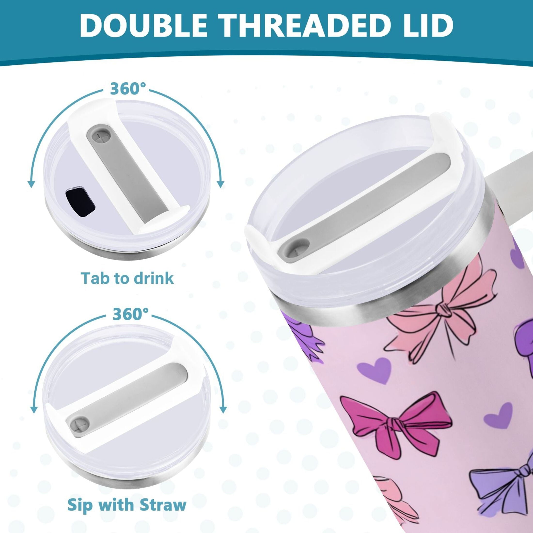 30 oz Insulated Stainless Steel Tumbler Double Wall Stainless Steel Tumbler with 2-Way Drinking Bows and Heart Pattern - Pick 582