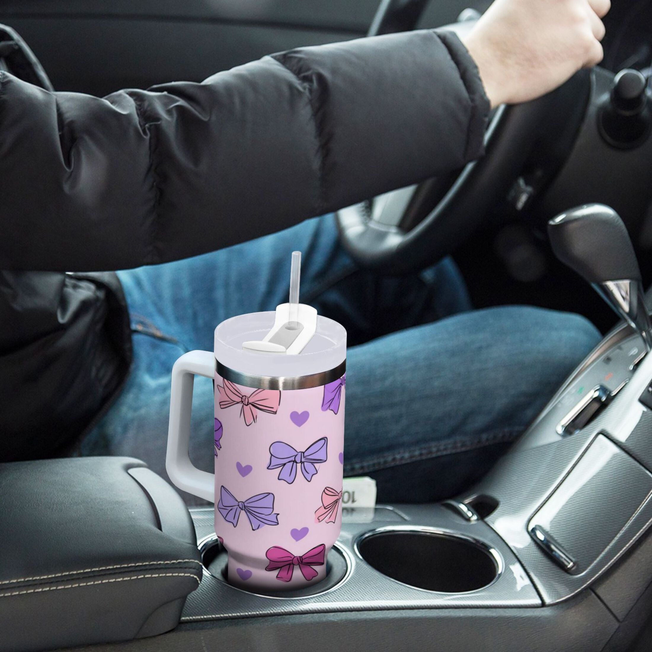 30 oz Insulated Stainless Steel Tumbler Double Wall Stainless Steel Tumbler with 2-Way Drinking Bows and Heart Pattern - Pick 582