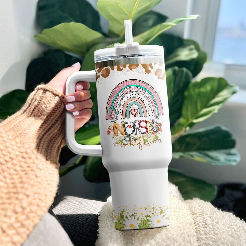 Tumbler 40 Oz With Handle Lid And Straw, Nurse Gifts, Black Camo White Engraved Print Travel Nurses Tumblers Handle Funny Cups Nursing For, Great Nurse Rainbow Daisy Flower - Pick 979
