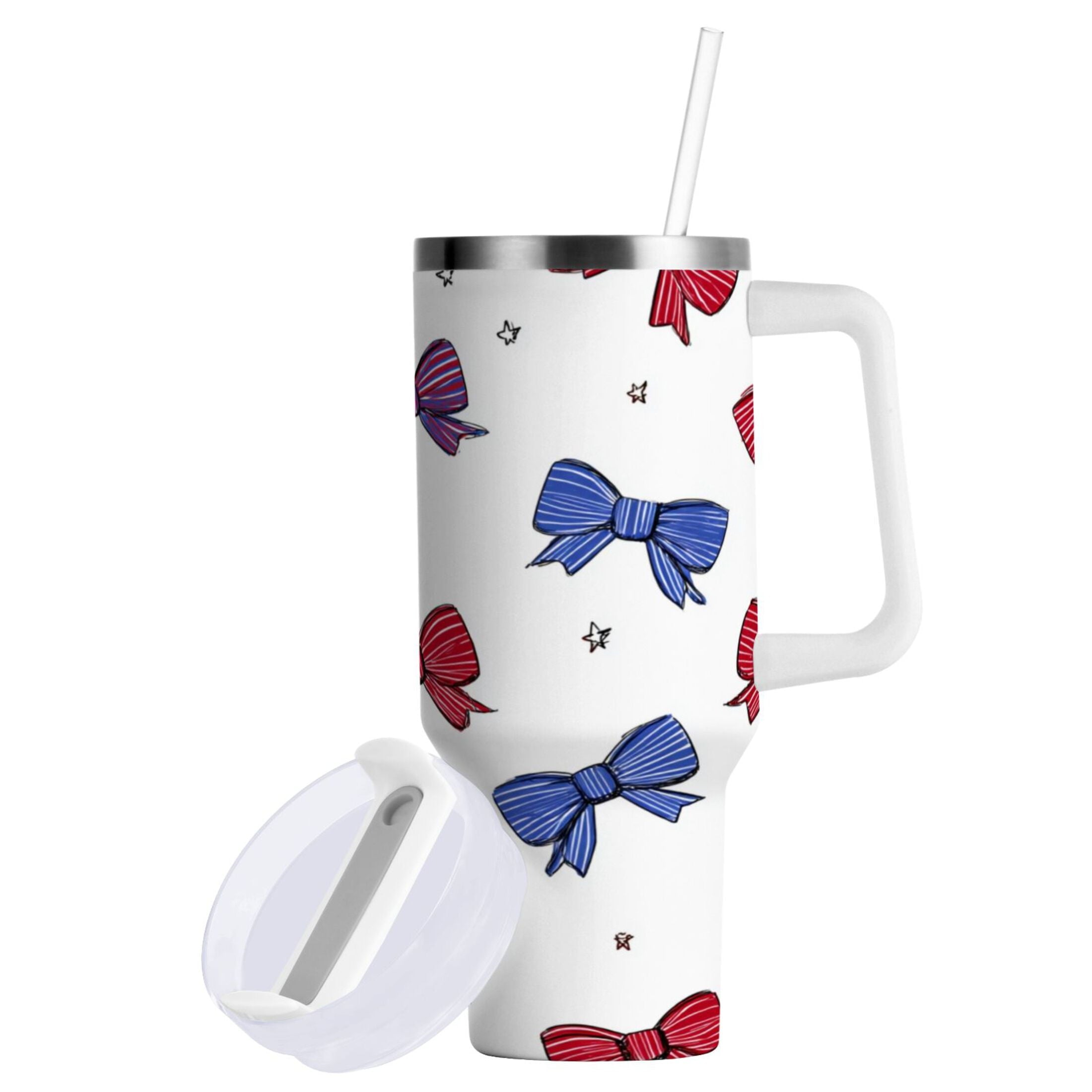 30 oz Insulated Stainless Steel Tumbler Double Wall Stainless Steel Tumbler with 2-Way Drinking Red and Blue Stripe Bows - Pick 524