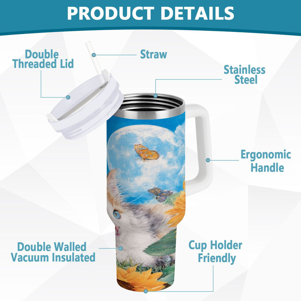 40 oz Insulated Stainless Steel Tumbler Double Wall Stainless Steel Tumbler with 2-Way Drinking Playful Cat Lying Sunflowers - Pick 924