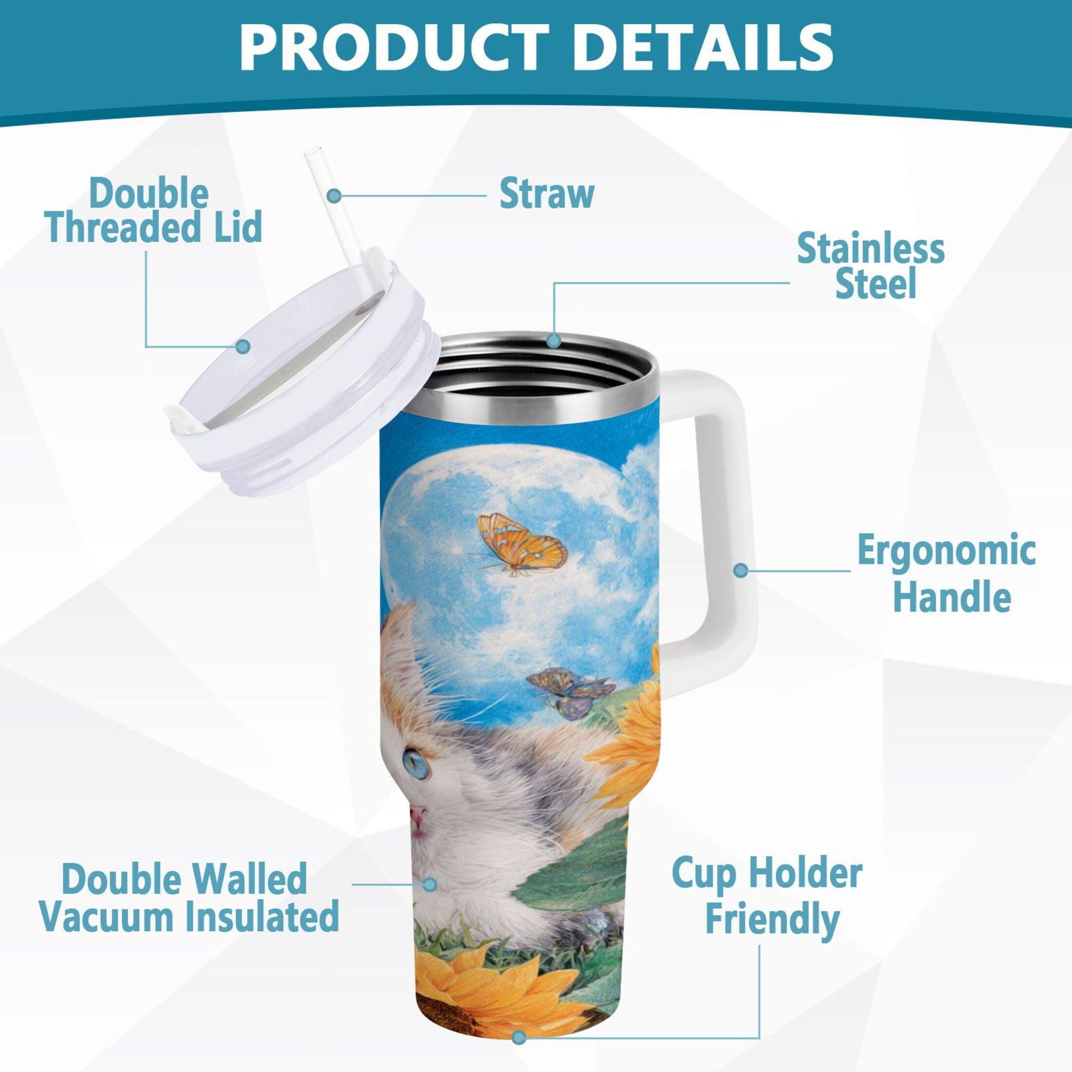 40 oz Insulated Stainless Steel Tumbler Double Wall Stainless Steel Tumbler with 2-Way Drinking Playful Cat Lying Sunflowers - Pick 924