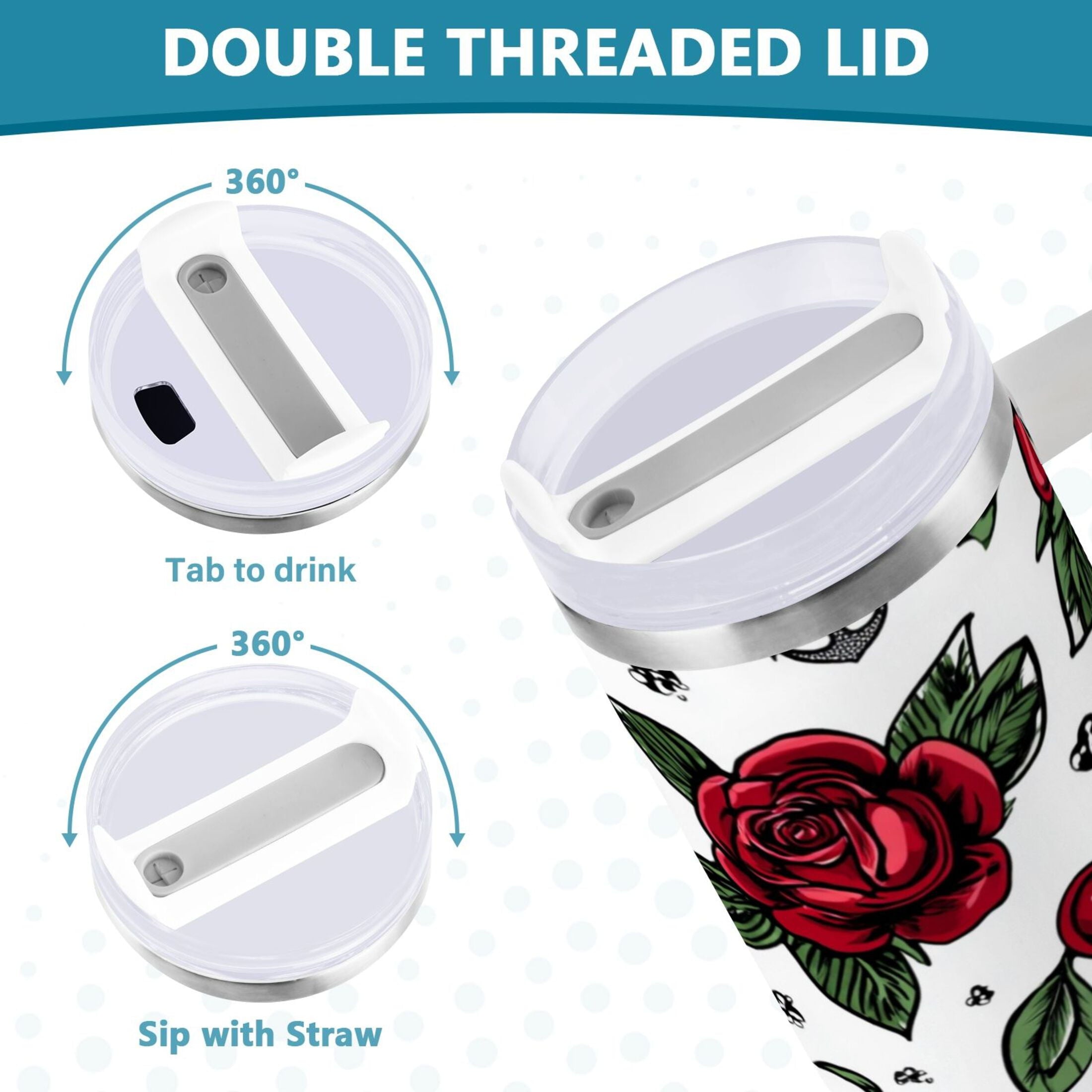 40 oz Insulated Stainless Steel Tumbler Double Wall Stainless Steel Tumbler with 2-Way Drinking Red Roses and Cherries - Pick 206