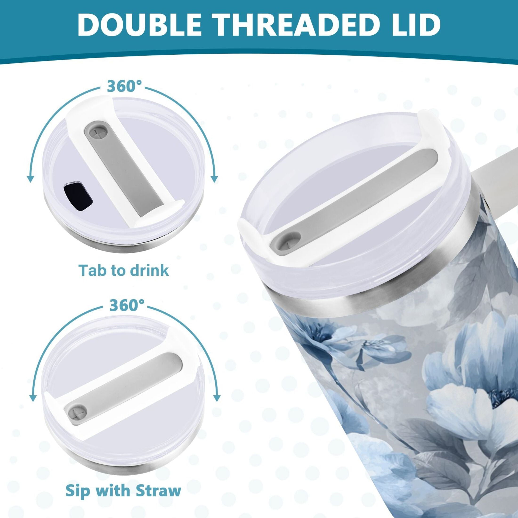 40 oz Insulated Stainless Steel Tumbler Double Wall Stainless Steel Tumbler with 2-Way Drinking White Floral Pattern - Pick 737