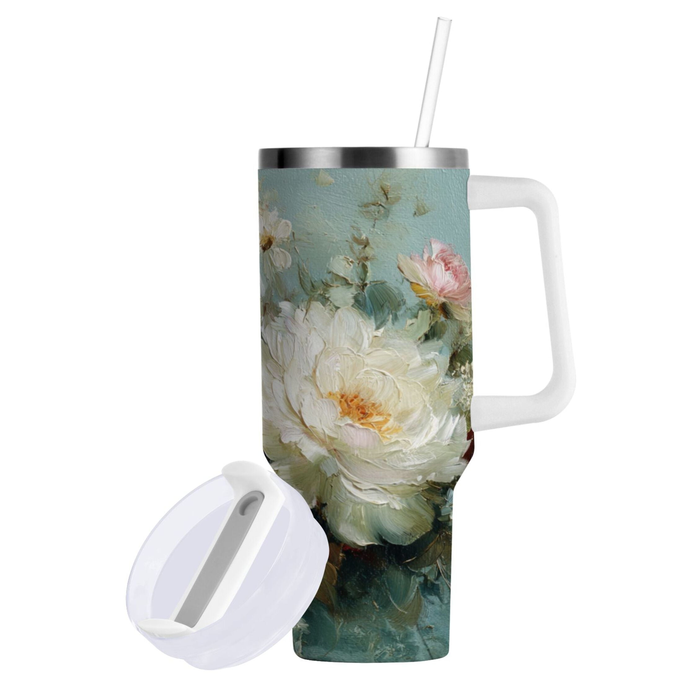 40 oz Insulated Stainless Steel Tumbler Double Wall Stainless Steel Tumbler with 2-Way Drinking Vintage Peonies and Daisies - Pick 466