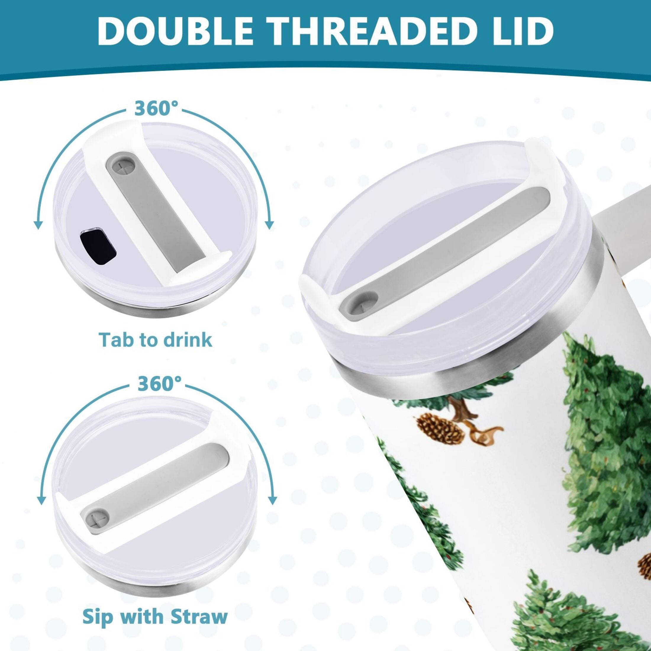 30 oz Insulated Stainless Steel Tumbler Double Wall Stainless Steel Tumbler with 2-Way Drinking Watercolor Green Christmas Tree - Pick 477