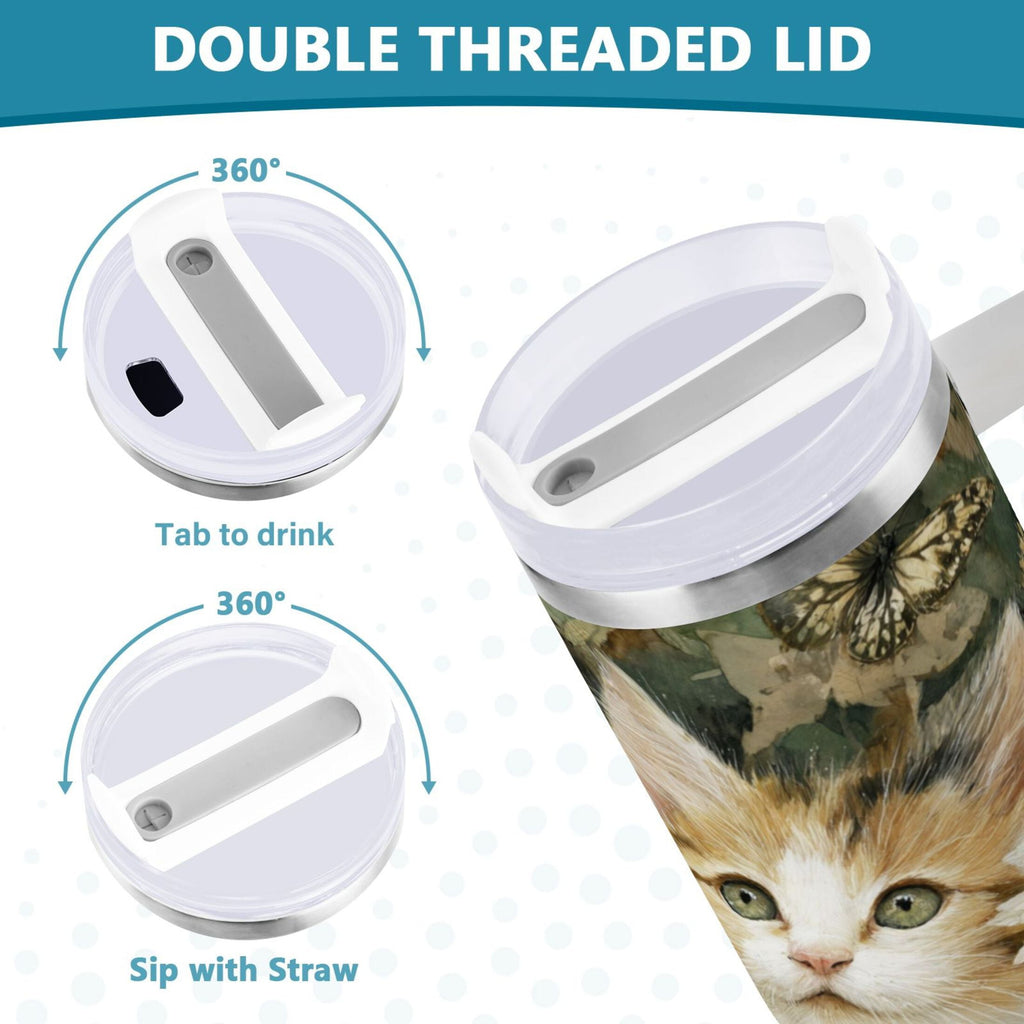30 oz Insulated Stainless Steel Tumbler Double Wall Stainless Steel Tumbler with 2-Way Drinking Adorable Cats and Daisies - Pick 827