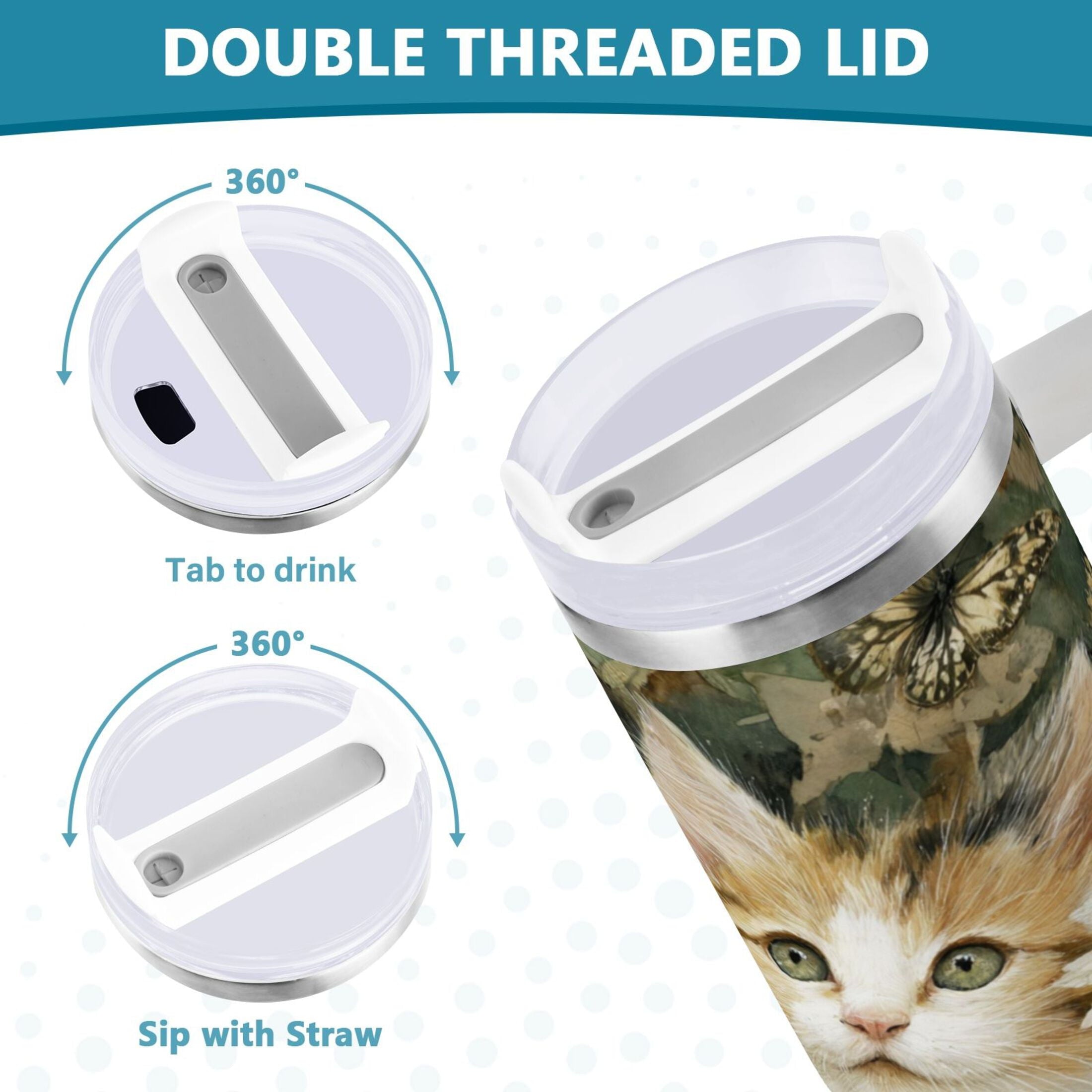 30 oz Insulated Stainless Steel Tumbler Double Wall Stainless Steel Tumbler with 2-Way Drinking Adorable Cats and Daisies - Pick 827