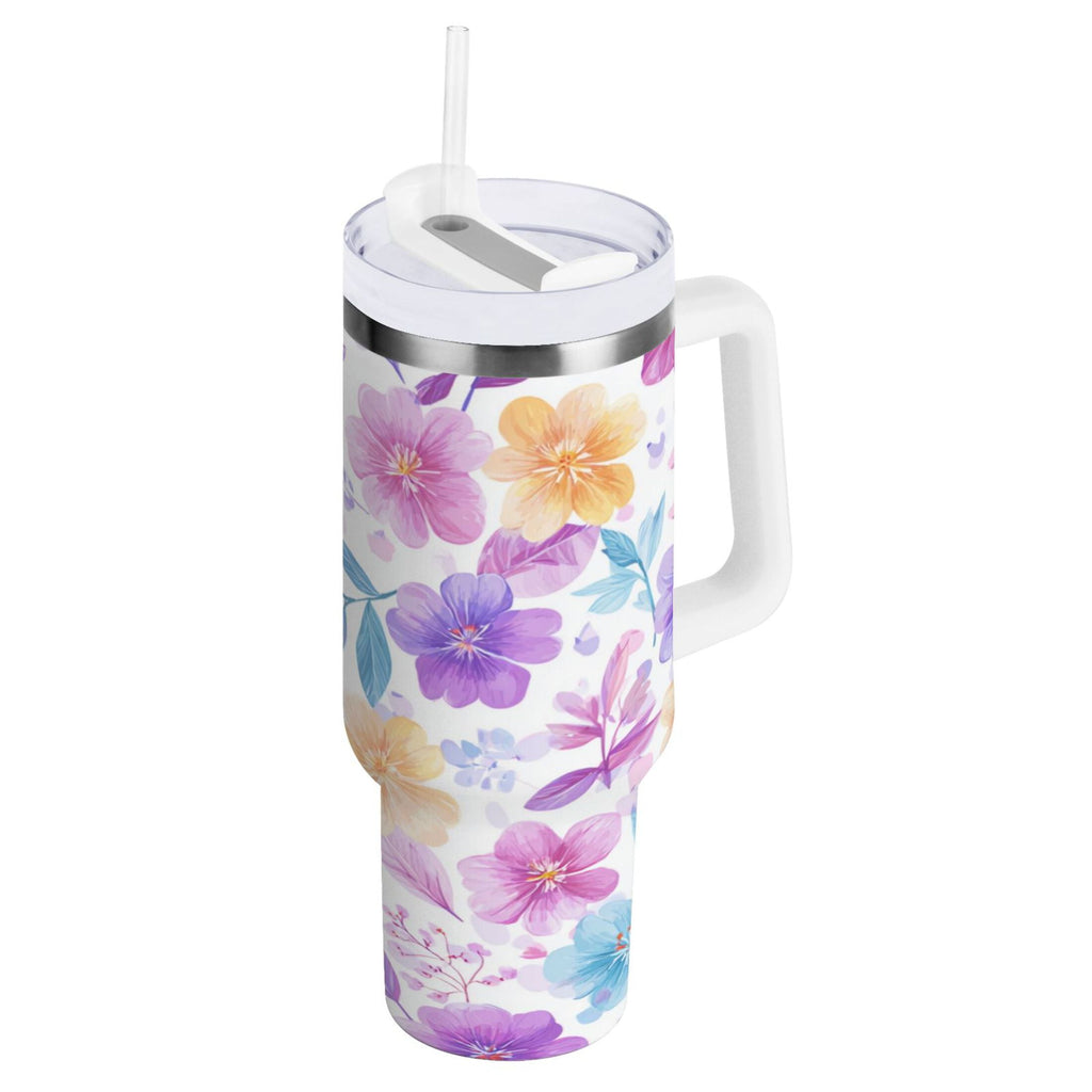 30 oz Insulated Stainless Steel Tumbler Double Wall Stainless Steel Tumbler with 2-Way Drinking Pink and Purple Flowers - Pick 718