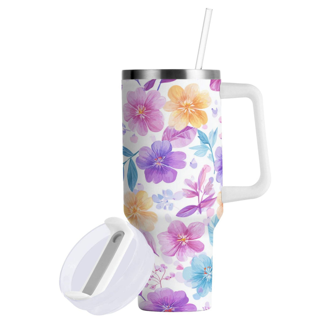 30 oz Insulated Stainless Steel Tumbler Double Wall Stainless Steel Tumbler with 2-Way Drinking Pink and Purple Flowers - Pick 718
