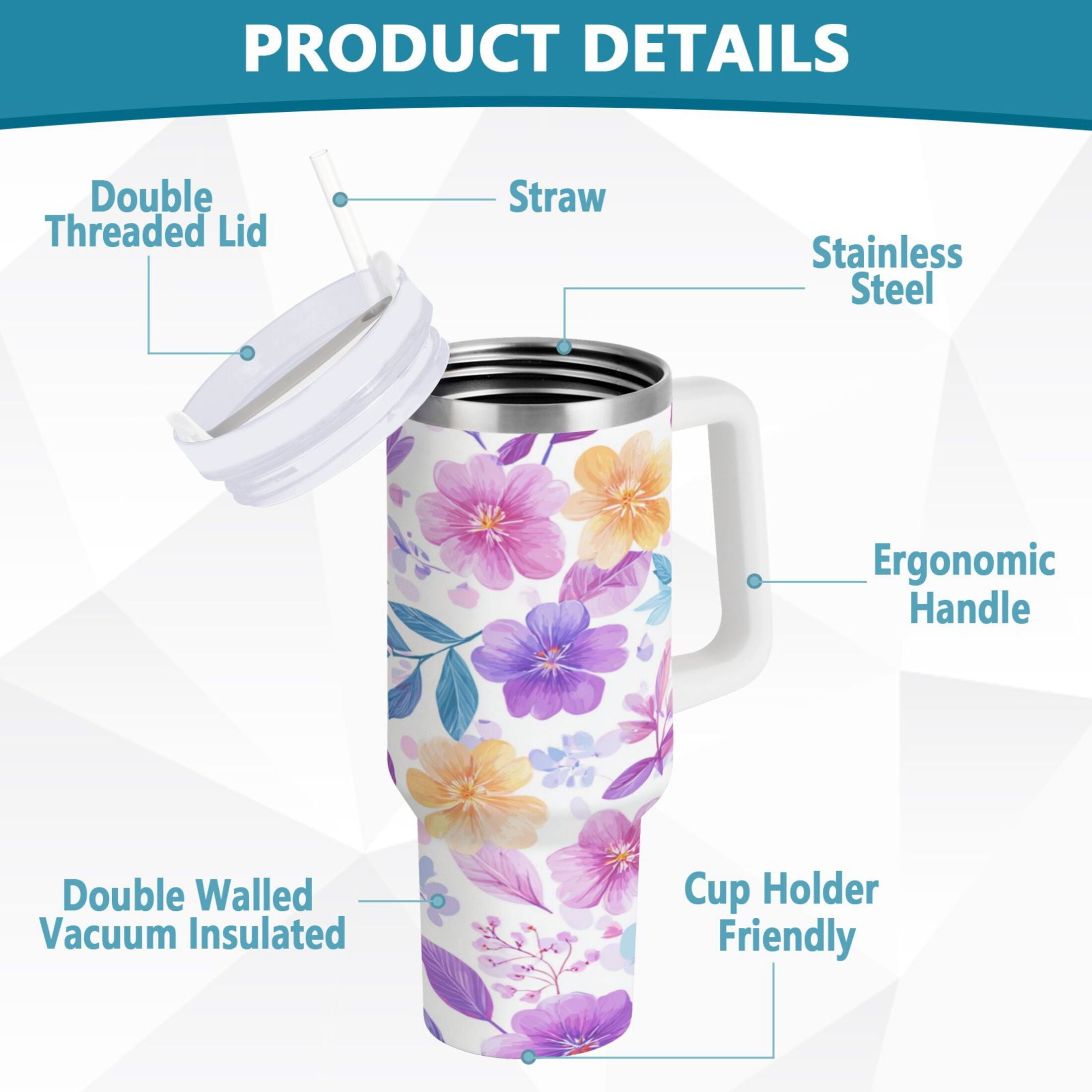 30 oz Insulated Stainless Steel Tumbler Double Wall Stainless Steel Tumbler with 2-Way Drinking Pink and Purple Flowers - Pick 718