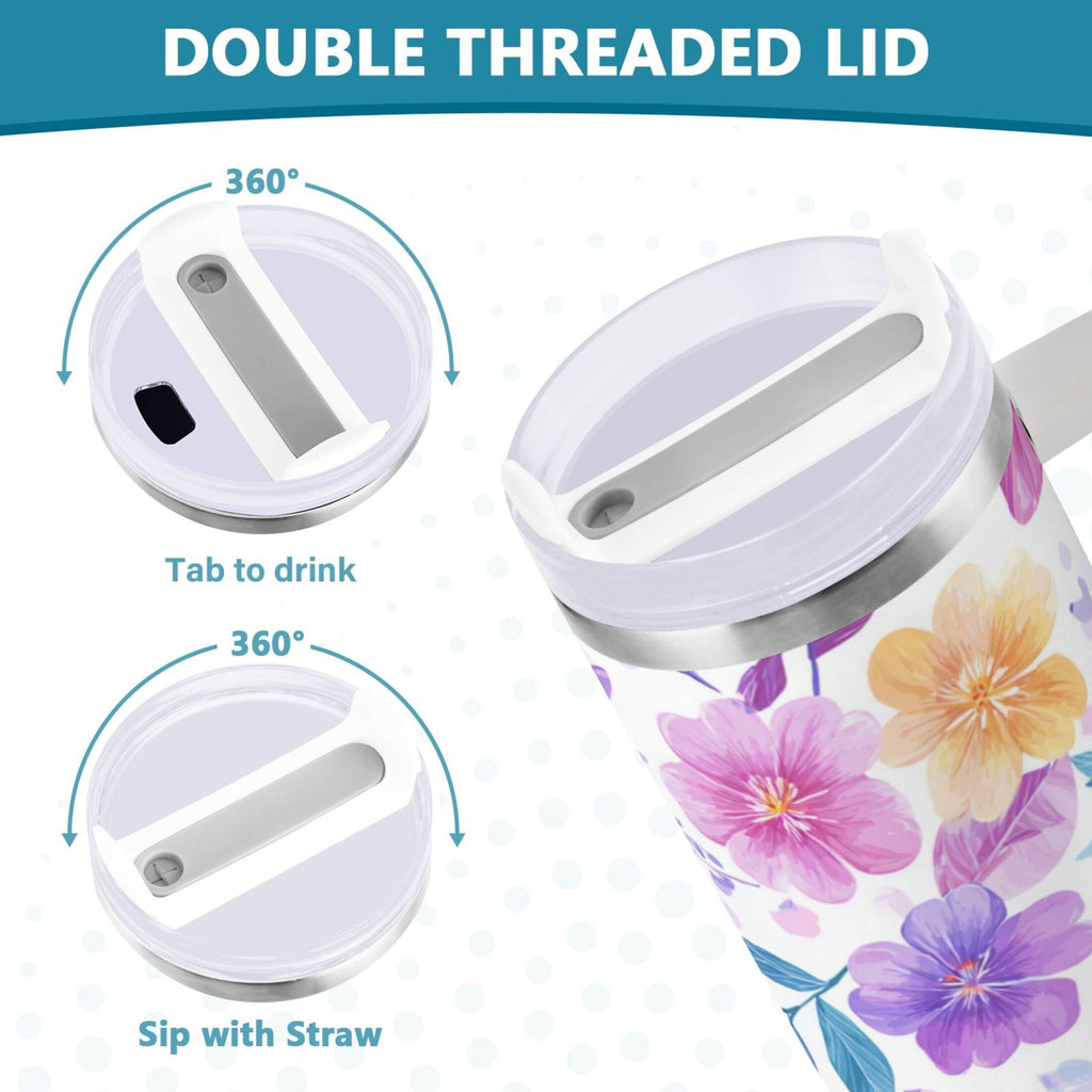 30 oz Insulated Stainless Steel Tumbler Double Wall Stainless Steel Tumbler with 2-Way Drinking Pink and Purple Flowers - Pick 718