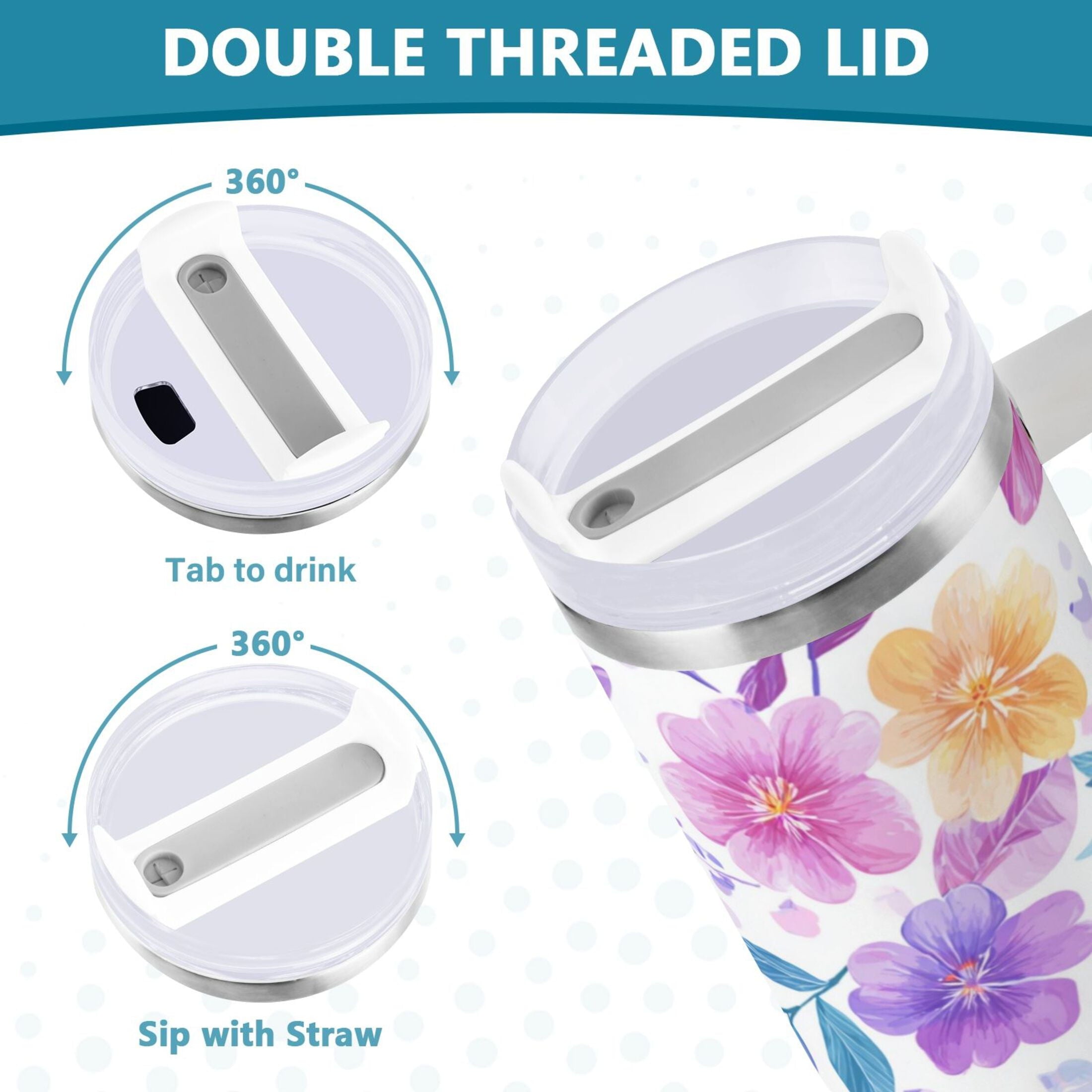 30 oz Insulated Stainless Steel Tumbler Double Wall Stainless Steel Tumbler with 2-Way Drinking Pink and Purple Flowers - Pick 718