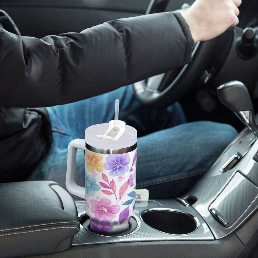 30 oz Insulated Stainless Steel Tumbler Double Wall Stainless Steel Tumbler with 2-Way Drinking Pink and Purple Flowers - Pick 718