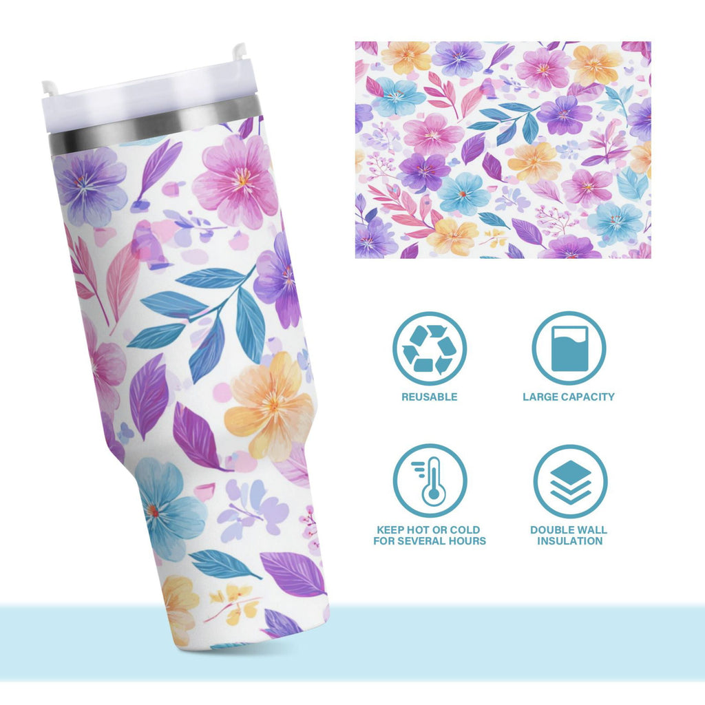 30 oz Insulated Stainless Steel Tumbler Double Wall Stainless Steel Tumbler with 2-Way Drinking Pink and Purple Flowers - Pick 718
