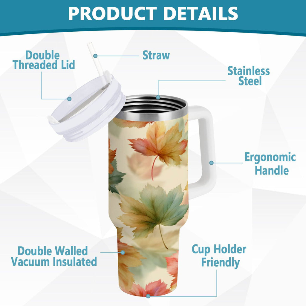 40 oz Insulated Stainless Steel Tumbler Double Wall Stainless Steel Tumbler with 2-Way Drinking Watercolor Maple Leaves Pattern - Pick 429