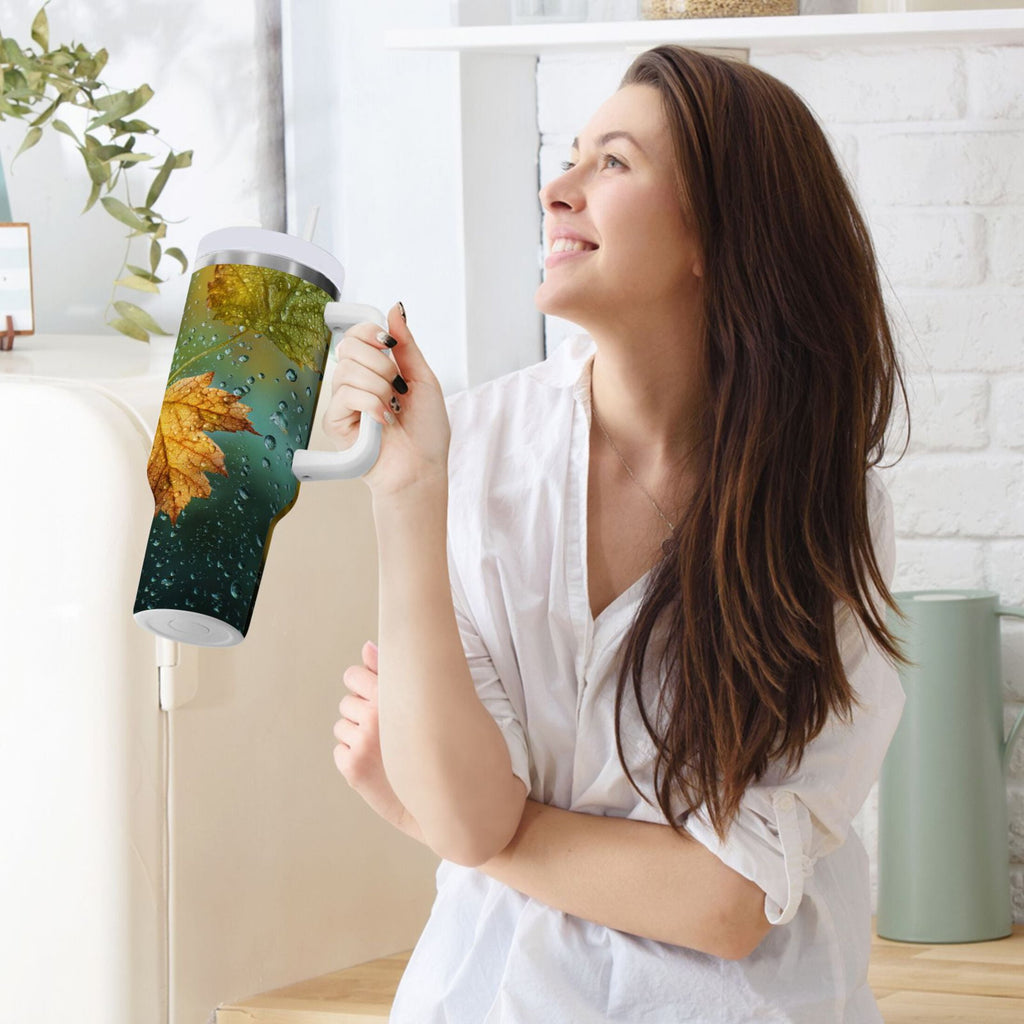 30 oz Insulated Stainless Steel Tumbler Double Wall Stainless Steel Tumbler with 2-Way Drinking Leaves with Water Droplets - Pick 915