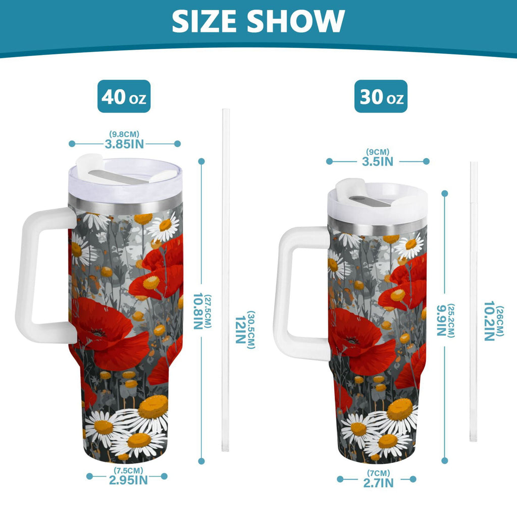 40 oz Insulated Stainless Steel Tumbler Double Wall Stainless Steel Tumbler with 2-Way Drinking Red Flowers and Daisies - Pick 577