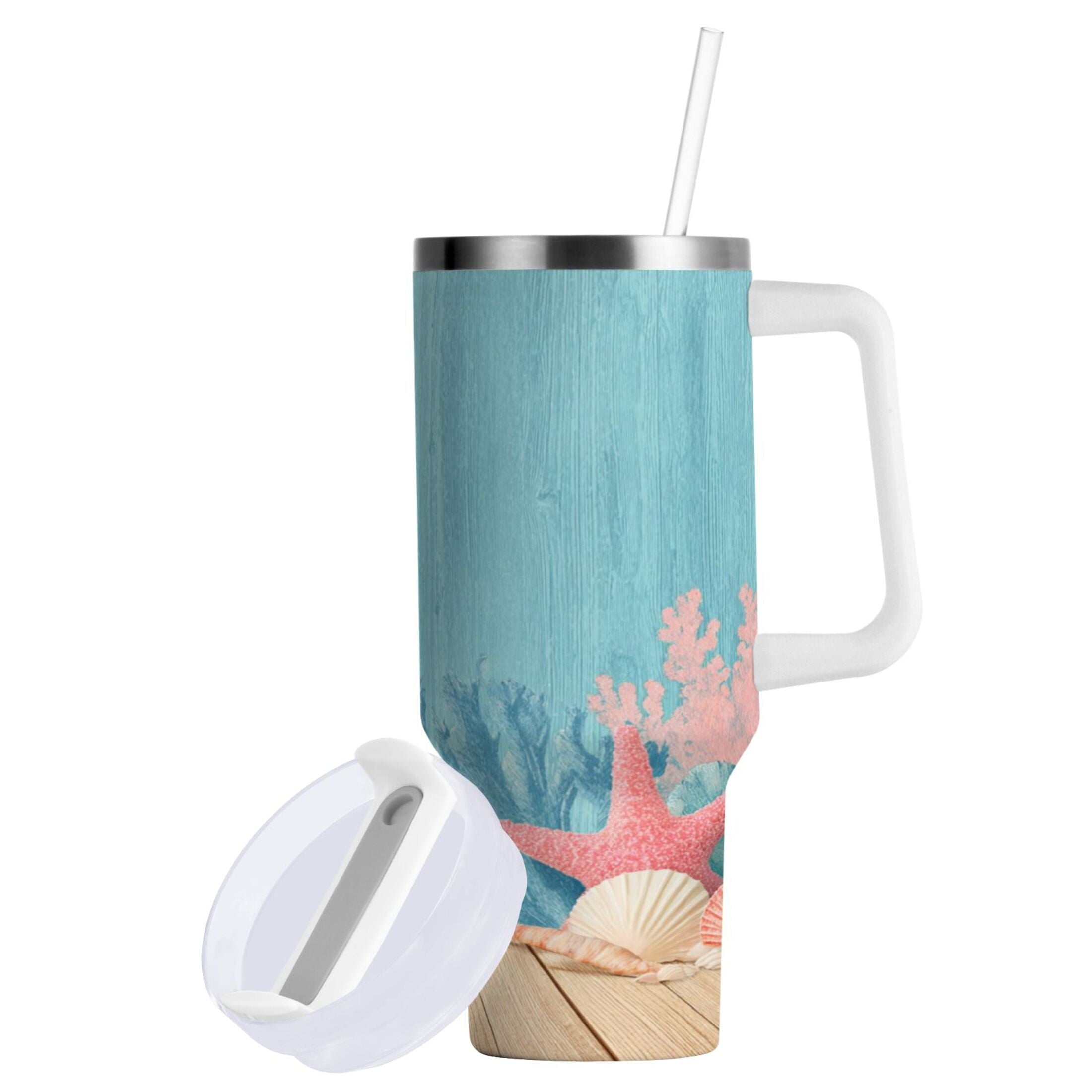 40 oz Insulated Stainless Steel Tumbler Double Wall Stainless Steel Tumbler with 2-Way Drinking Colorful Starfish and Seashells - Pick 769