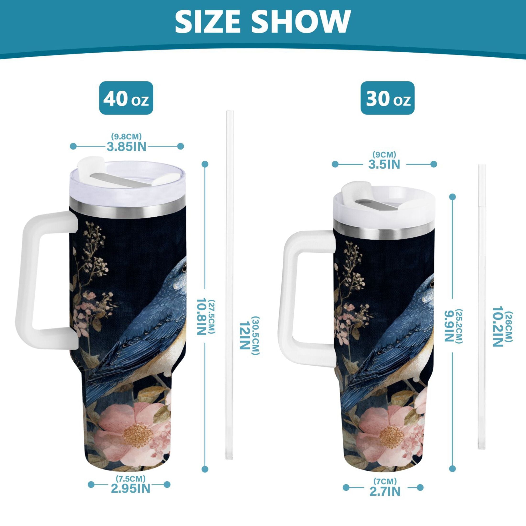 30 oz Insulated Stainless Steel Tumbler Double Wall Stainless Steel Tumbler with 2-Way Drinking Watercolor Vintage Blue Bird - Pick 323